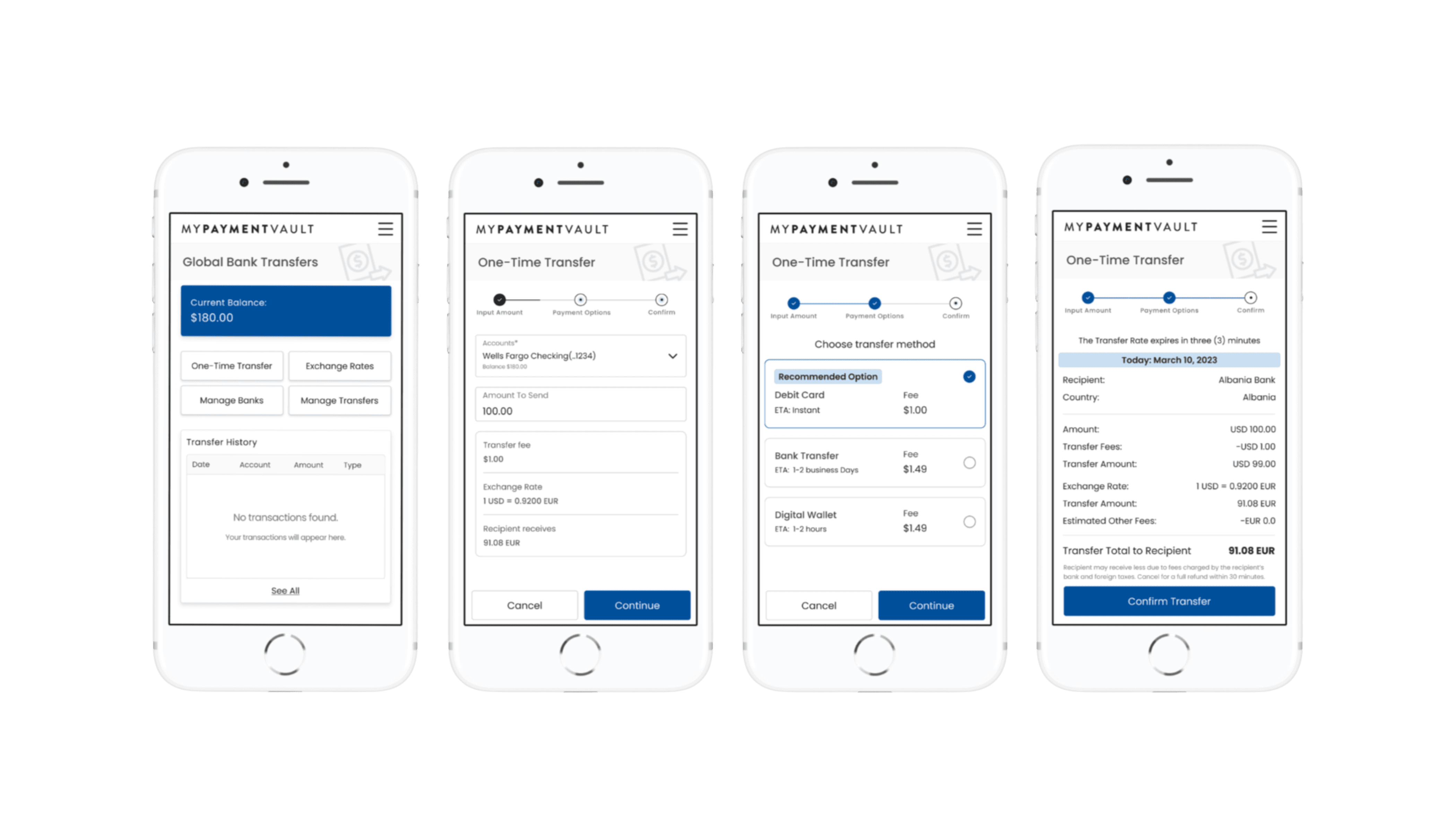 My Payment Vault App One time transfer flow showing on 4 seperate screens
