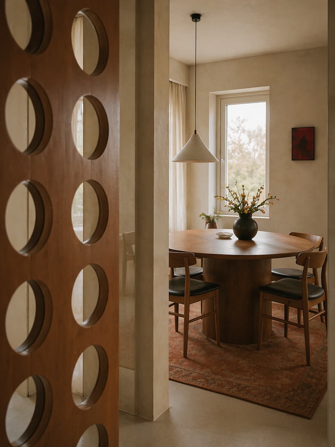 A cozy dining room features a round wooden table with four chairs, a vase of flowers as the centerpiece, a modern pendant light overhead, and natural light streaming through a window adorned with sheer curtains.