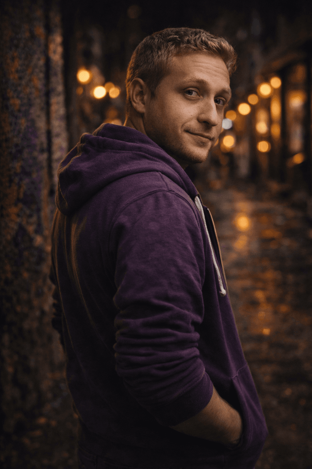 A young man with short hair, wearing a purple hoodie, stands on a dimly lit, wet cobblestone street, with warm streetlights softly illuminating the background.