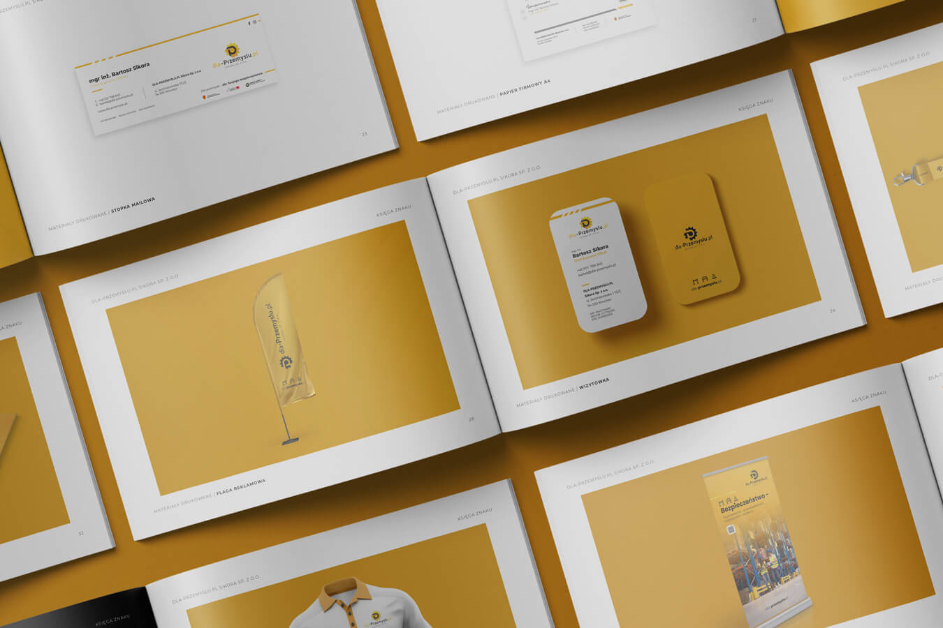 Zestawienie materiałów reklamowych takich jak wizytówki flaga firmowa i stopka mailowa. Konsekwentna identyfikacja wizualna wzmacniająca wizerunek firmy.