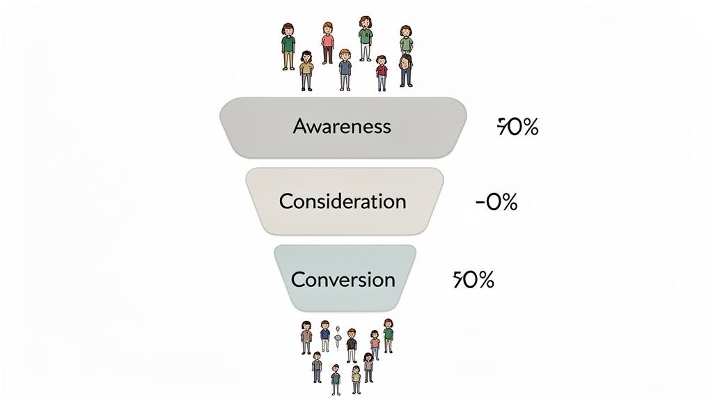 A marketing conversion funnel illustrating awareness, consideration, and conversion stages with people and percentages.