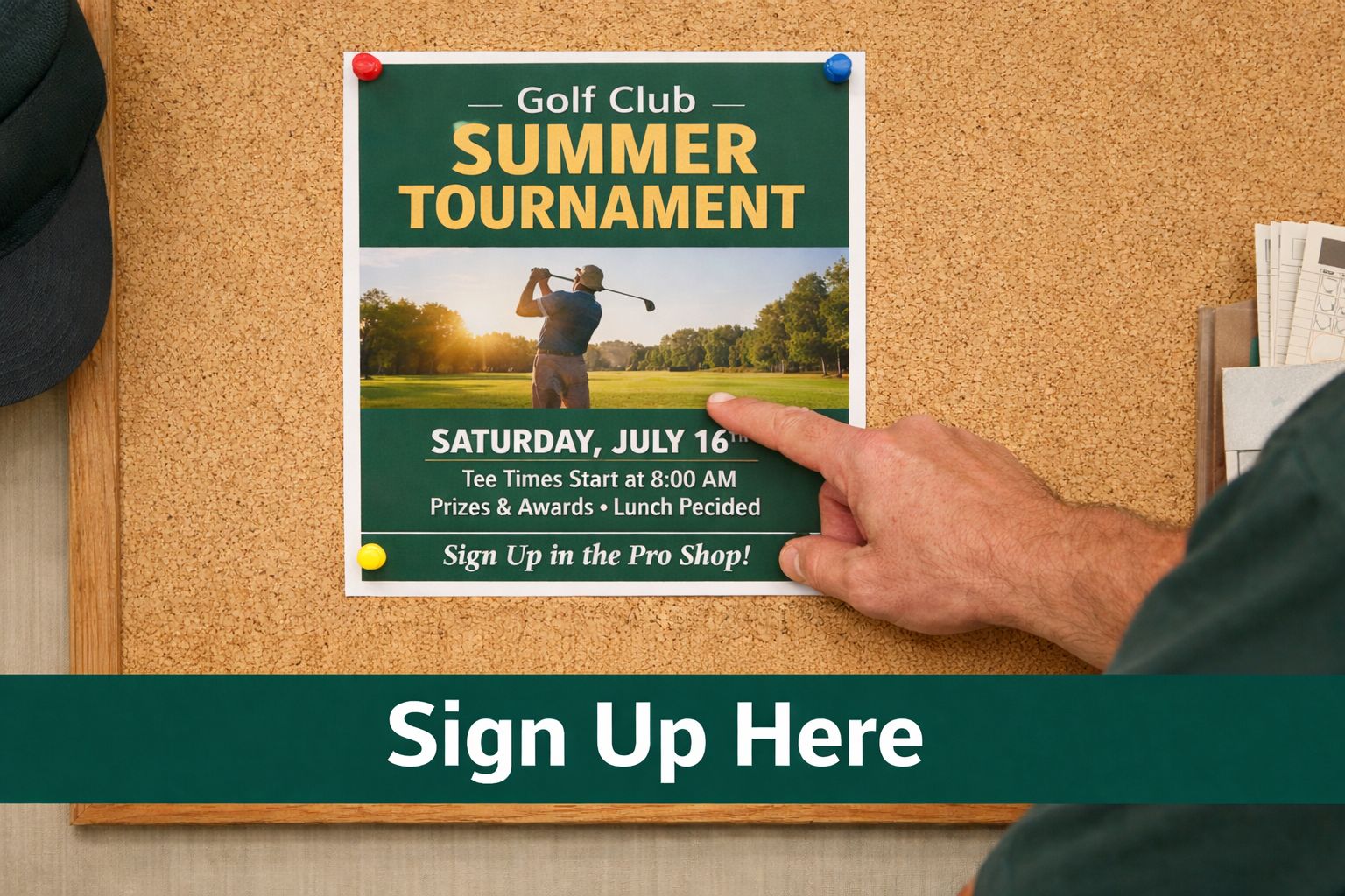 A person pointing at a golf club summer tournament sign pinned on a cork bulletin board.
