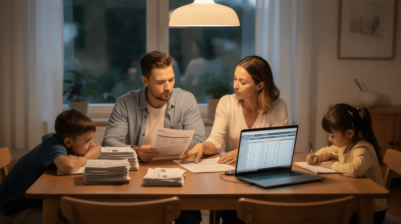 A family is gathered around a dining table, engaged in a discussion as they review various financial documents, focusing on their wealth management strategies and financial planning. The atmosphere reflects a collaborative effort to assess their financial situation and make informed decisions about their investment strategy and asset allocation.