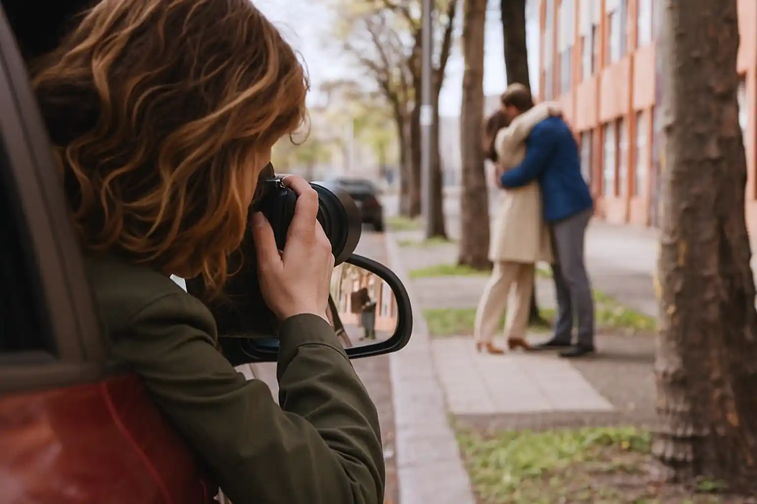 woman taking photo of a couple from the car