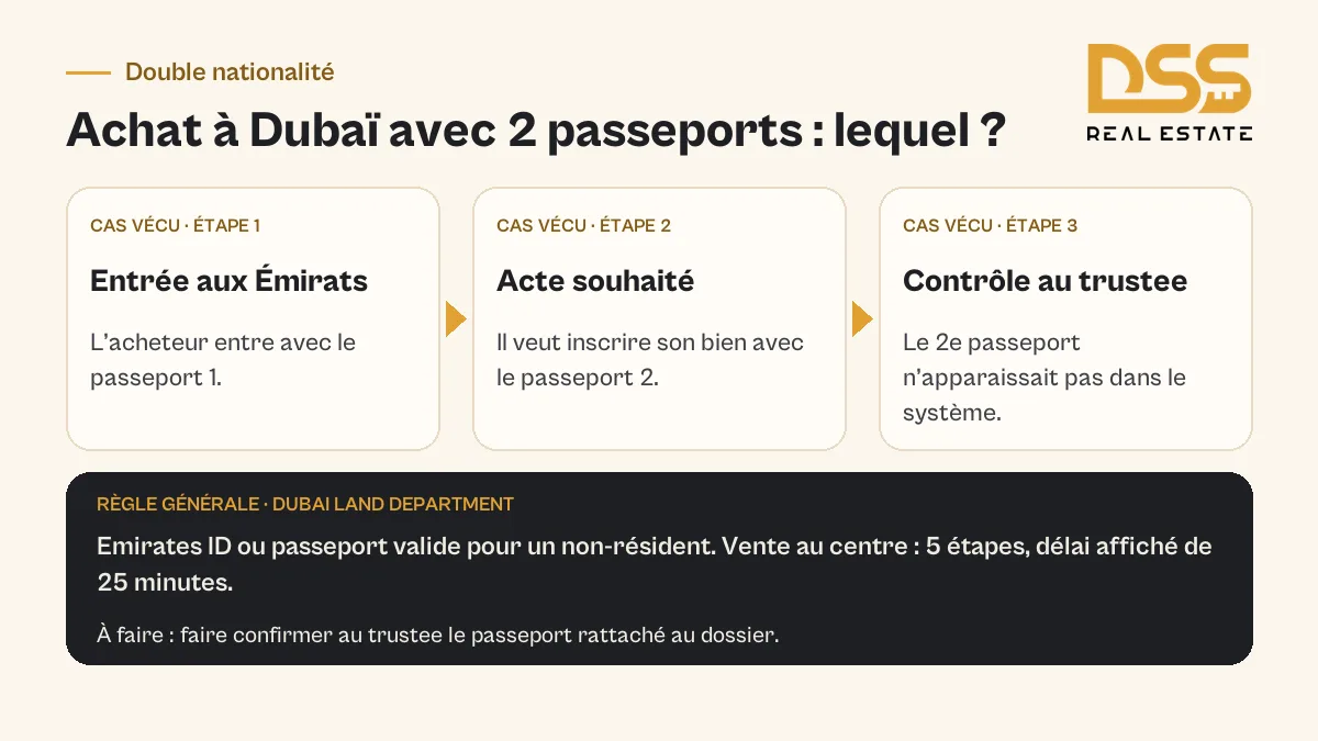 Parcours d’achat à Dubaï avec 2 passeports et contrôle de l’identité au trustee