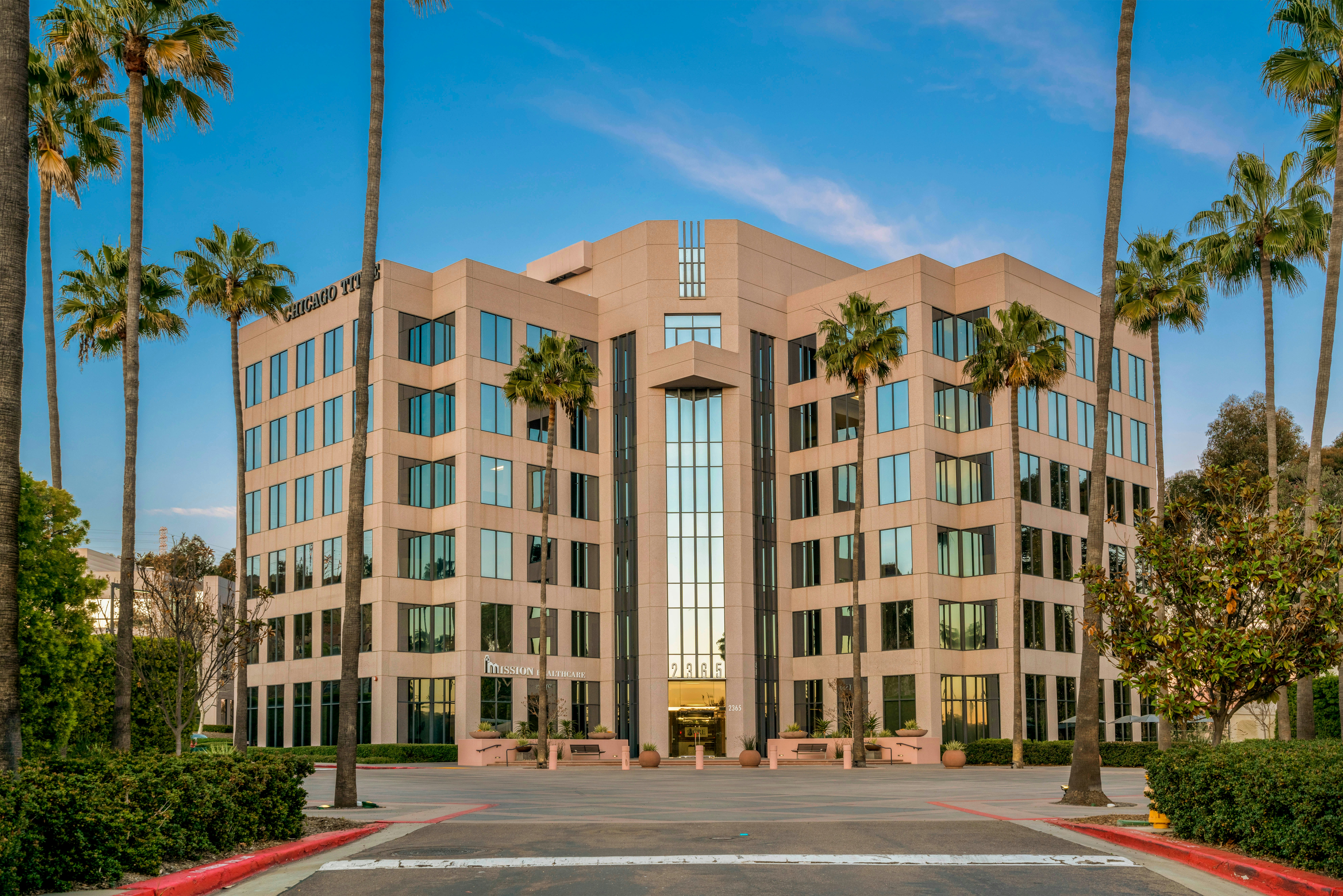 Modern office building surrounded by palm trees.