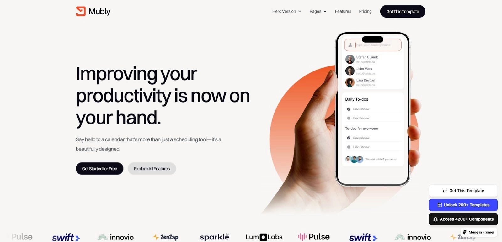 Mubly software and mobile app landing page template designed in Framer