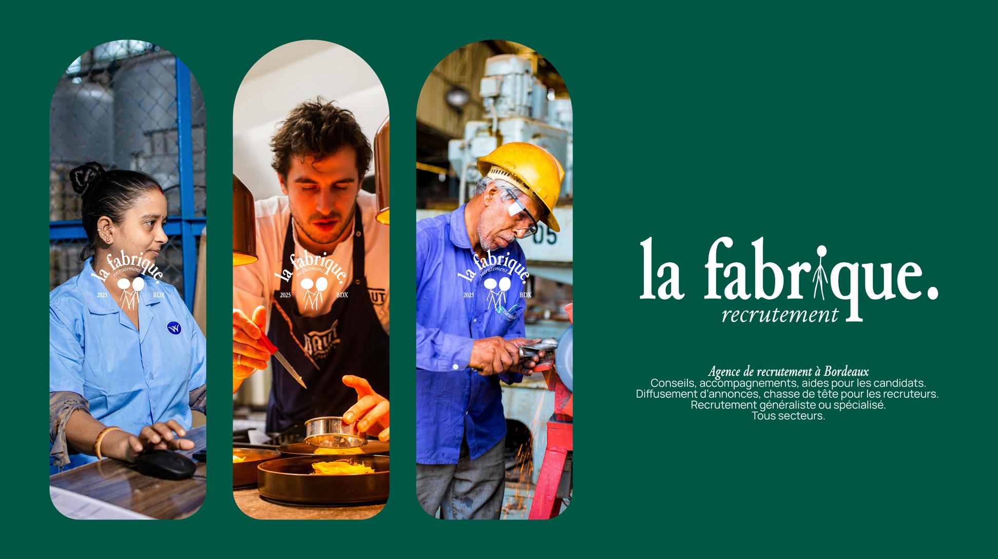 Images de métiers : cuisinier, ouvrier, secrétaire.