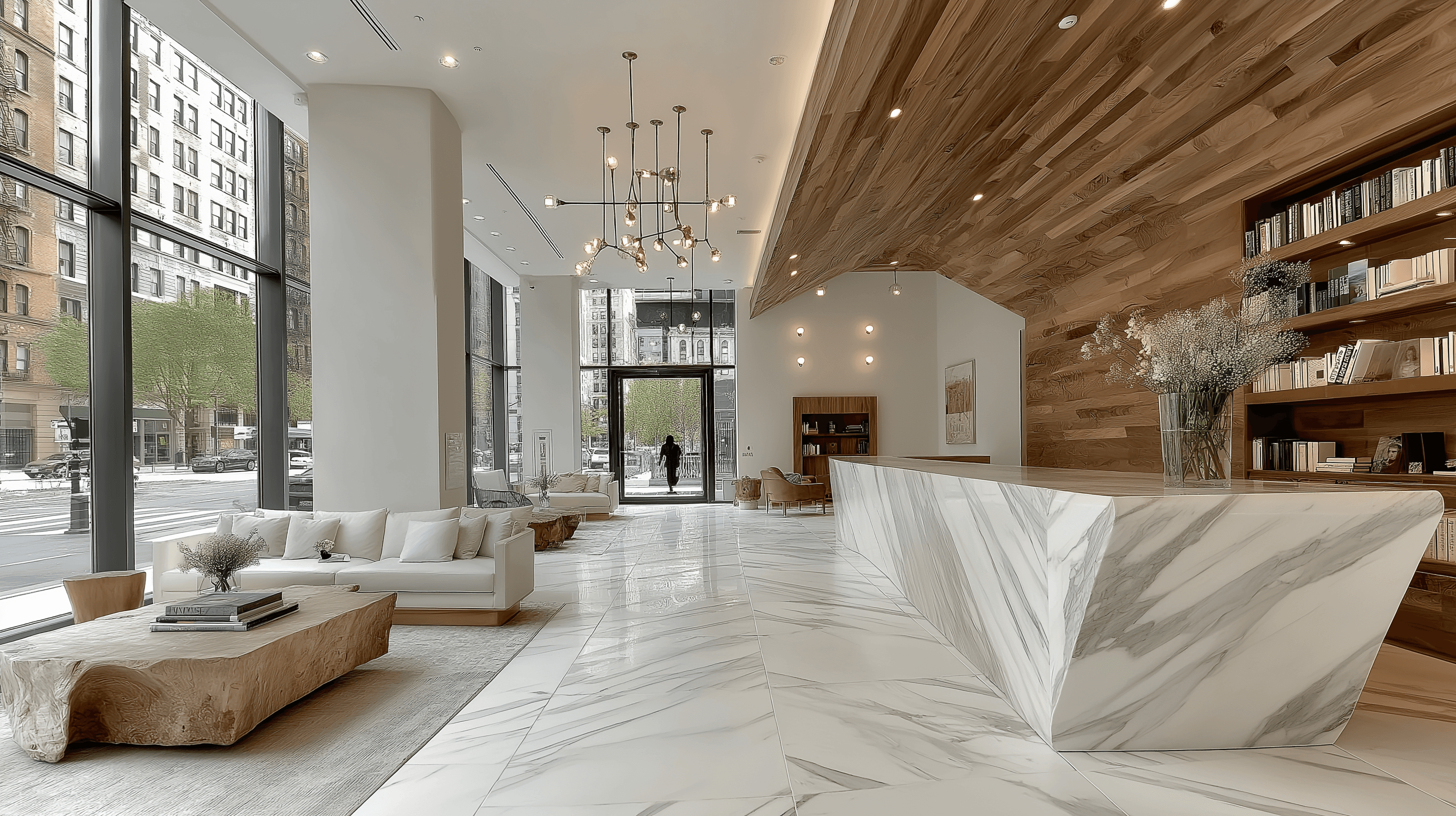 Luxurious building lobby featuring a striking geometric marble reception desk, a sloping wood-paneled ceiling, and a bright seating area next to large street-facing windows.