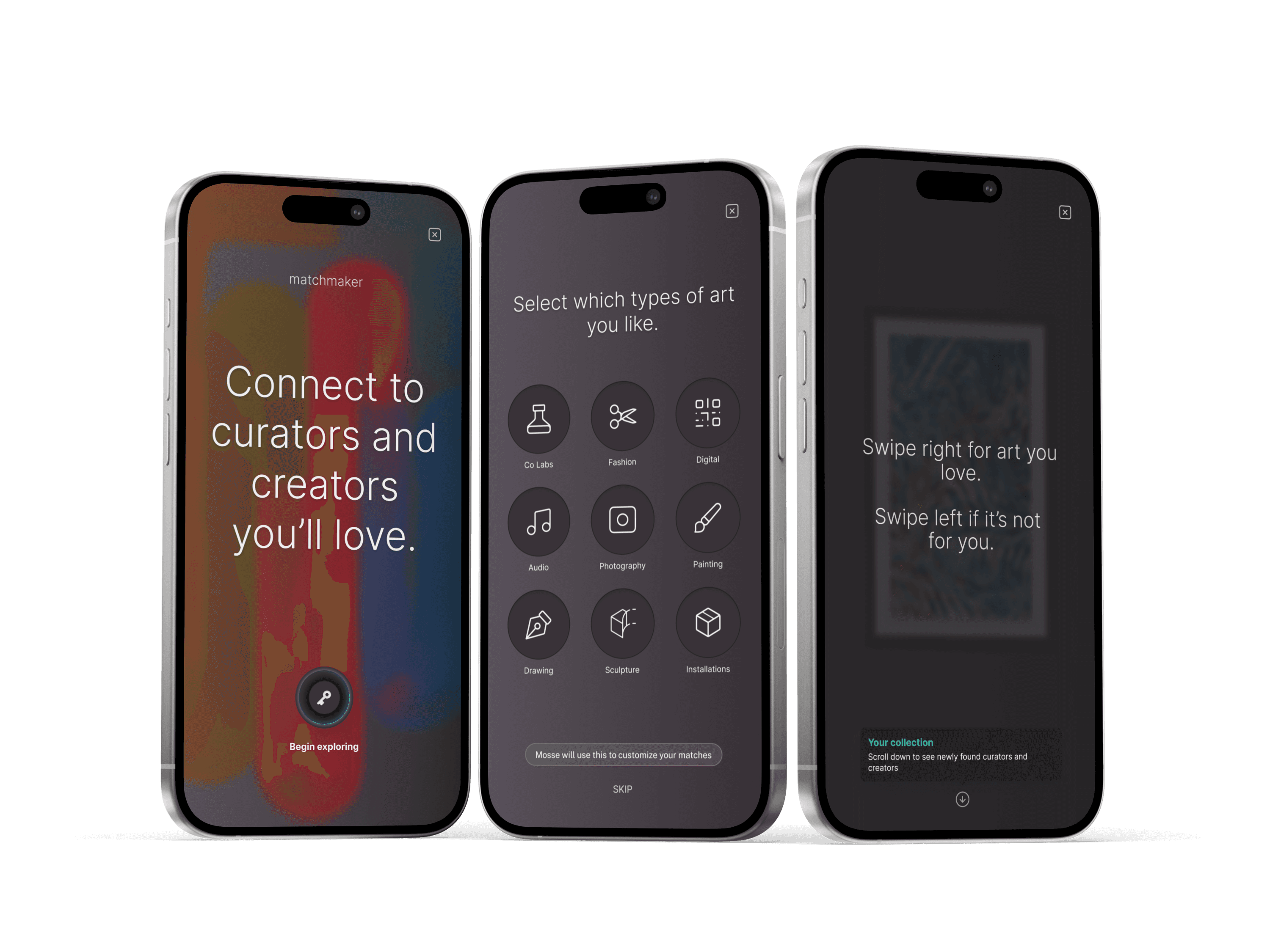 Three iPhones showcase Matchmaker, the app's art discovery feature, connecting users with new artists and styles.