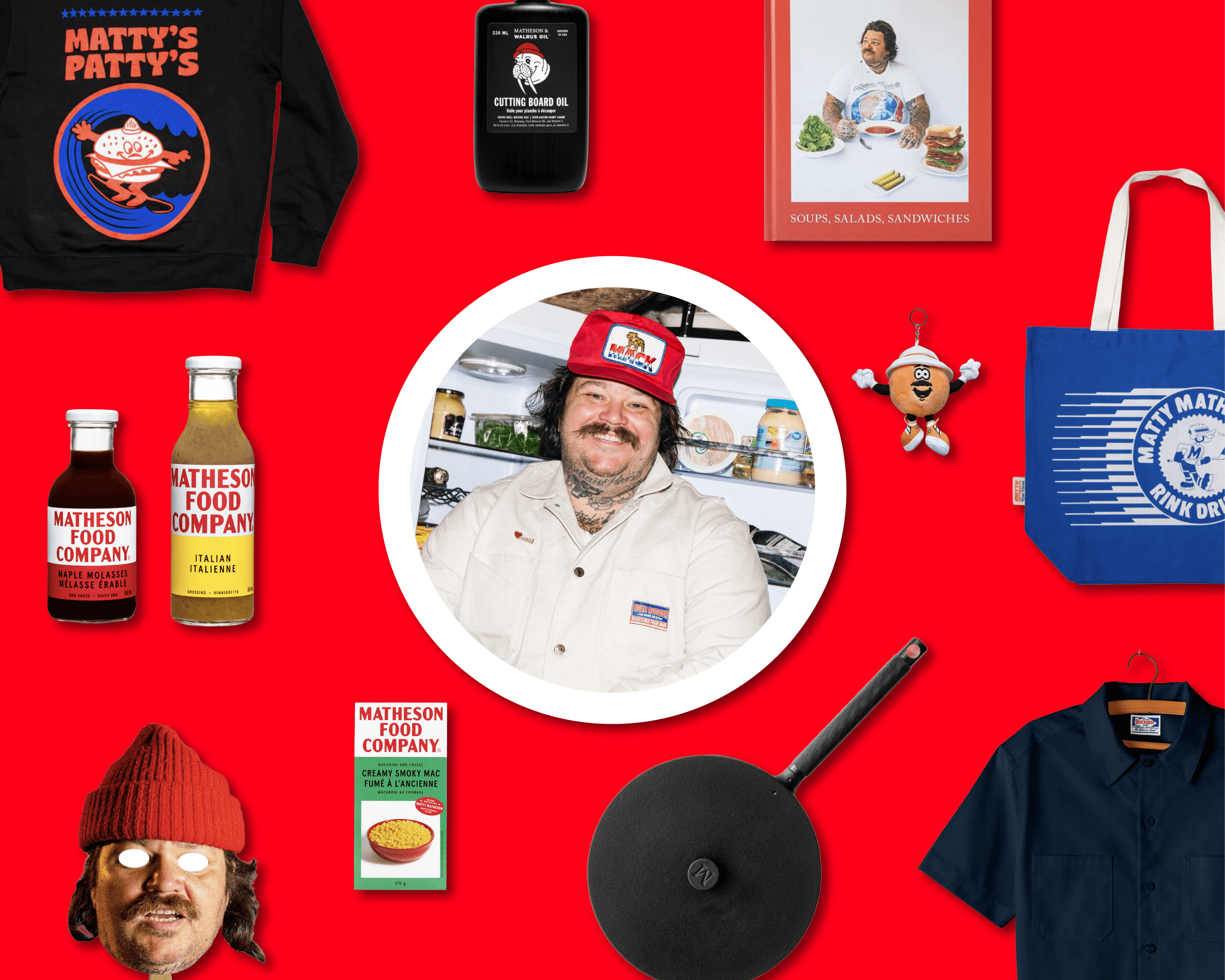 Matty Matheson surrounded by products from his creative universe, including Matheson Food Company sauces, cookware, apparel, books, and merchandise, illustrating a lifestyle brand ecosystem.