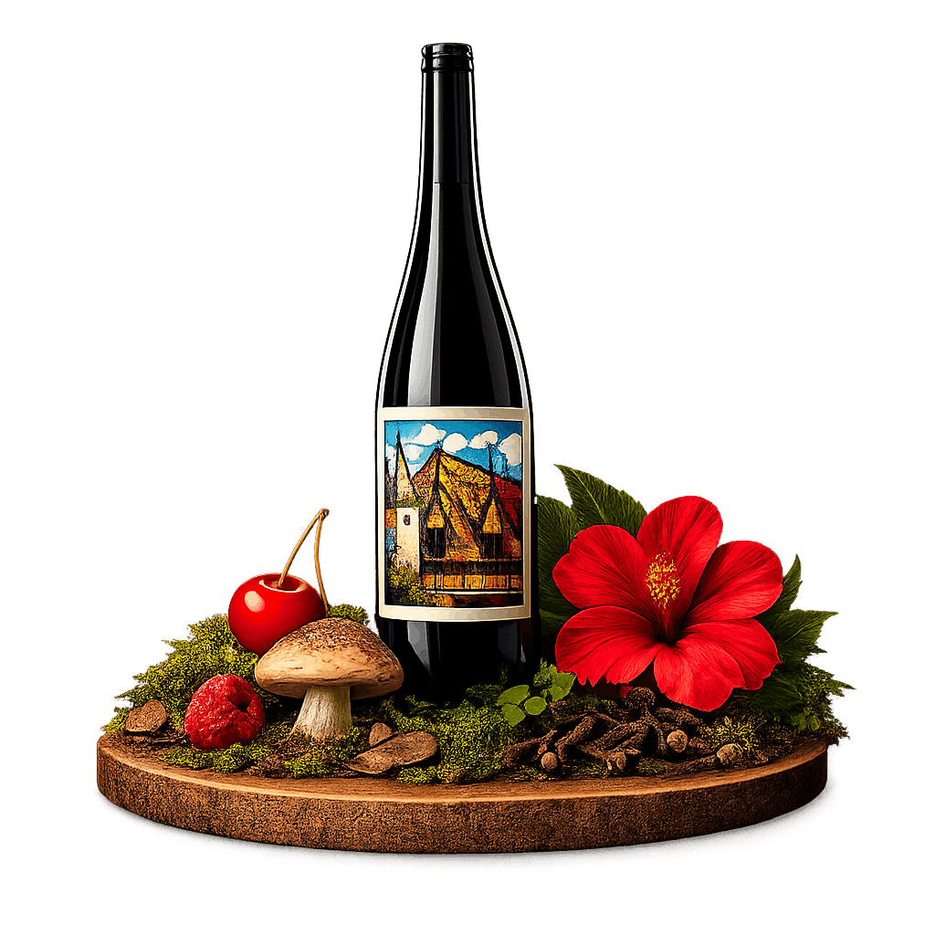 Artistic label and flavor profile for Burgundy Pinot Noir on a rustic wooden table.
