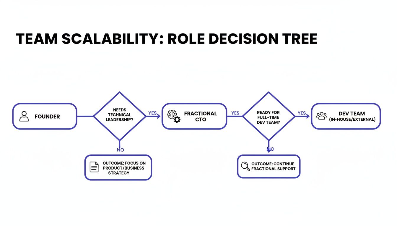 A decision tree diagram for team scalability, outlining roles from Founder to Fractional CTO and Dev Team.