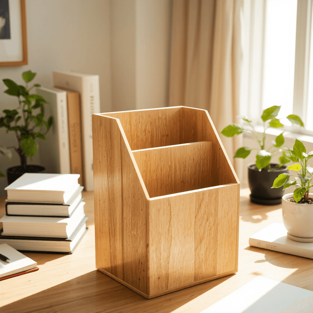 product photography of a wooden organizer for books or files