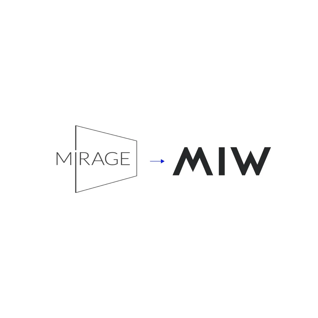 Logotipo de la empresa MIW mostrando transformación de la marca Mirage.