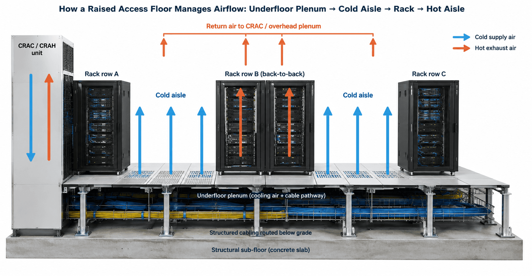 Underfloor plenum, cold-aisle supply and hot-aisle return in a typical raised-floor data hall