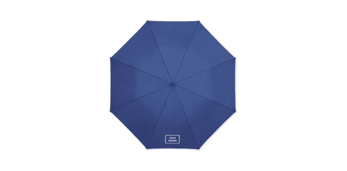 Blue umbrella branded with a company logo