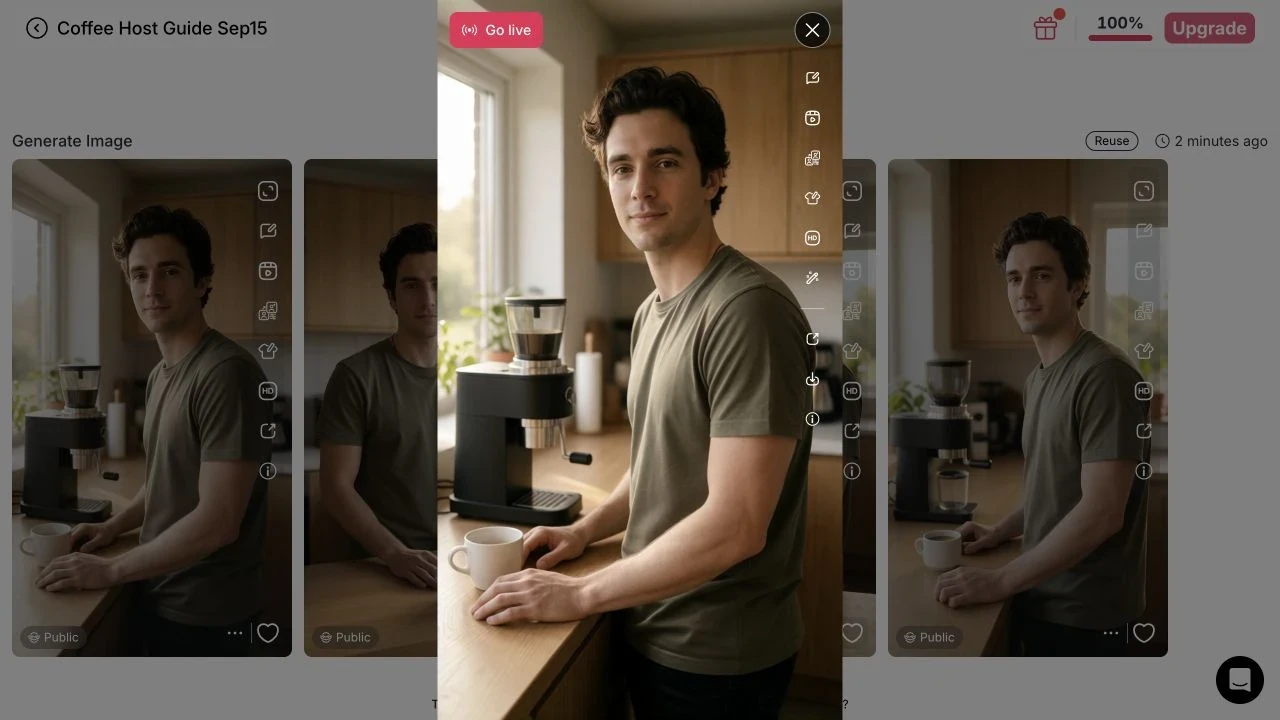 APOB image preview with download and image-to-video action icons beside the generated coffee-host image