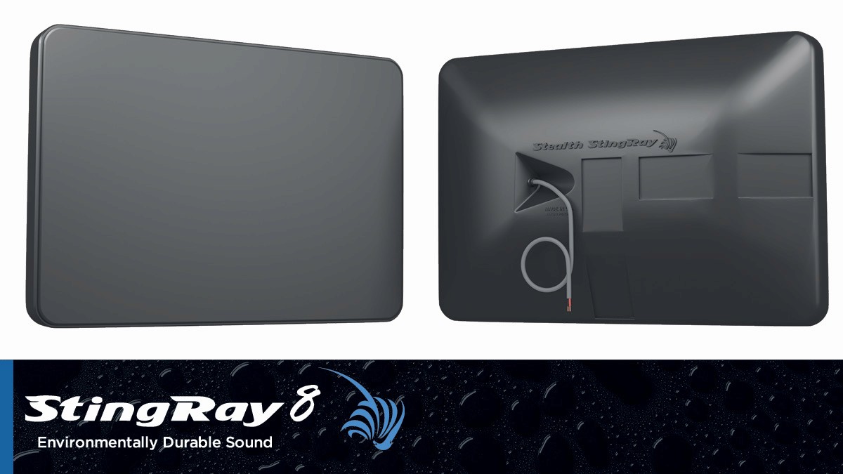 Dual view of a gray rectangular Stealth StingRay 8 speaker.