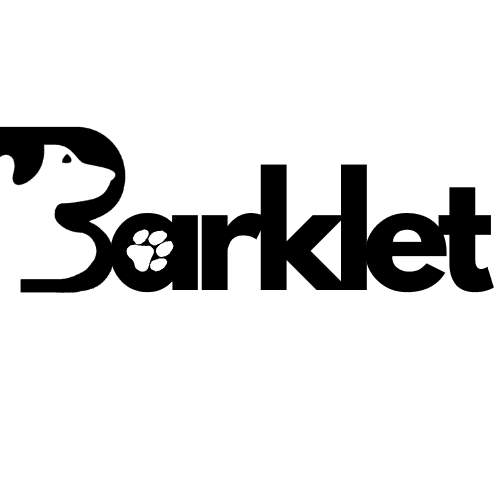 Barklet logo featuring a stylized black dog head integrated into the letter B and a paw print replacing the letter a, on a transparent background.