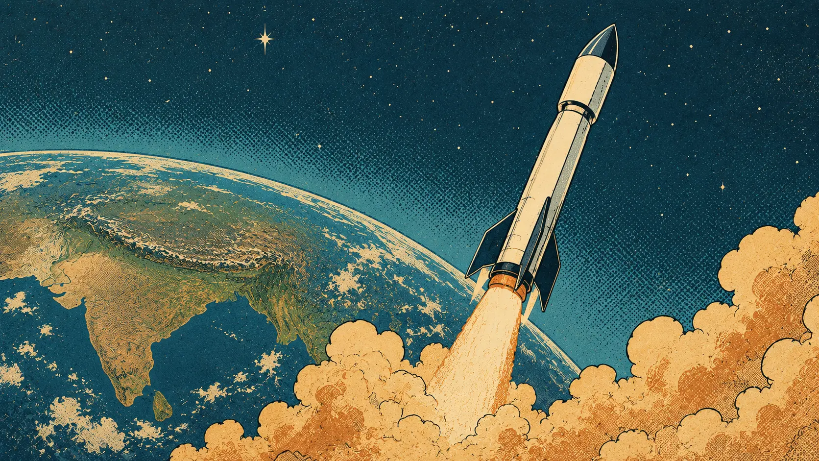 A rocket launching into space above Earth, with India visible in the background.