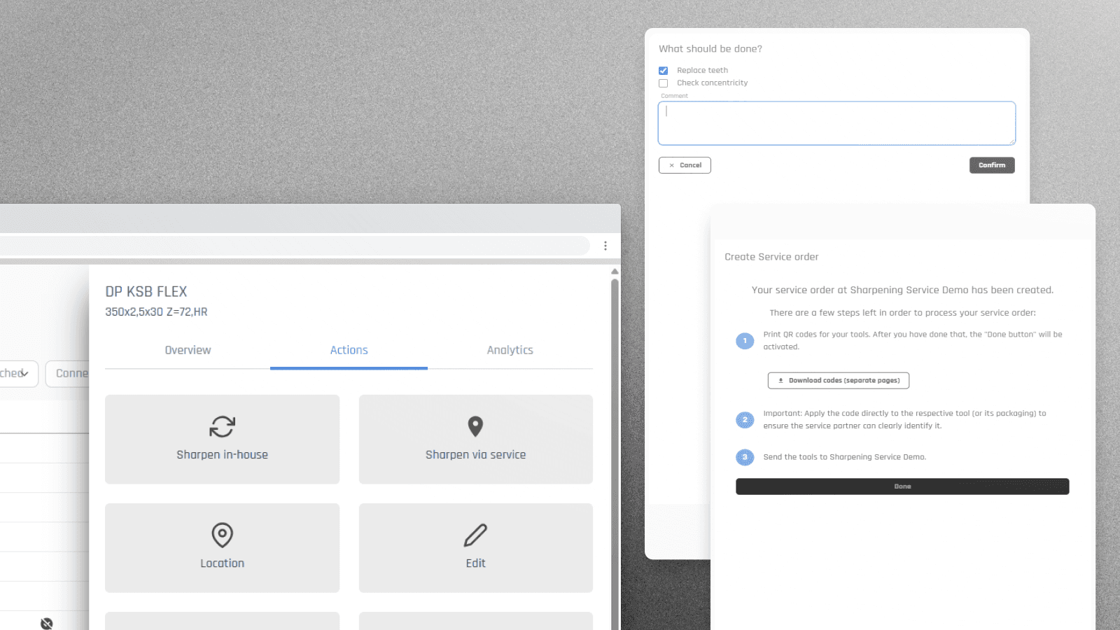 Screenshot aus twinio Office auf dem ein Schärfauftrag gestartet wird