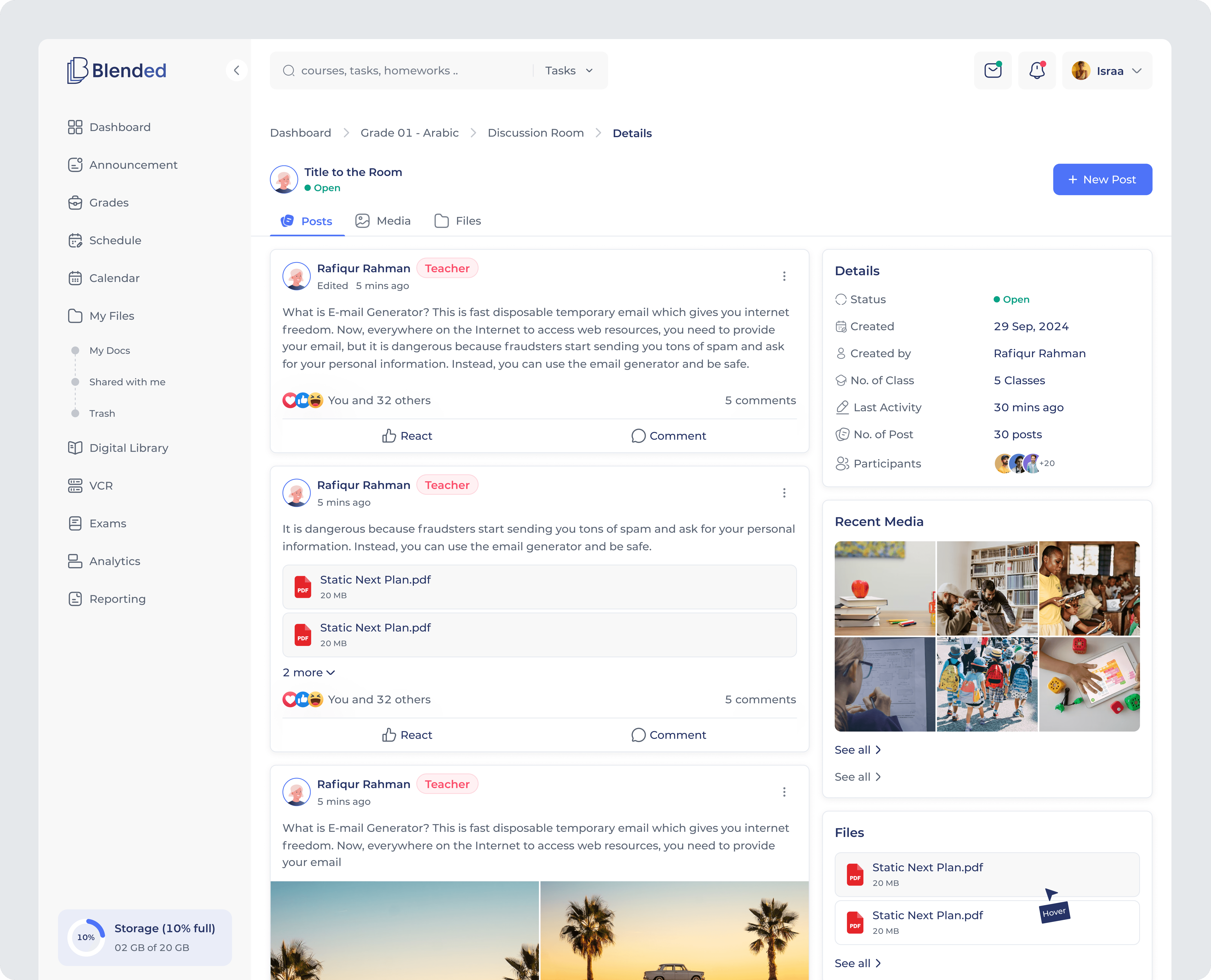 Virtual discussion room interface with teacher posts, reactions, comments, media attachments, and participant management panel.