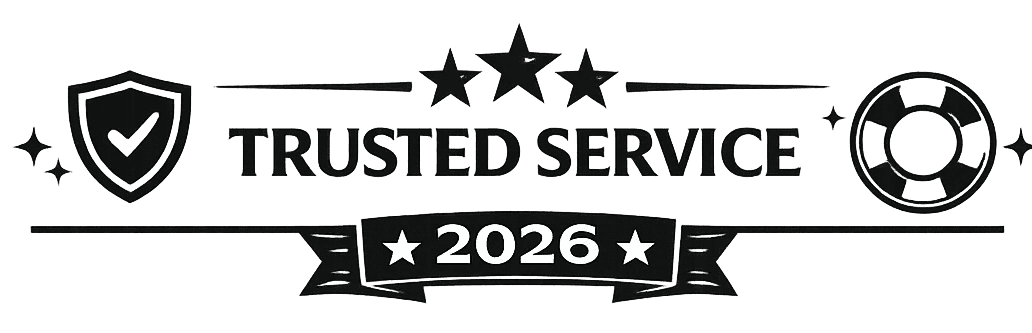 A black and white badge design features the words "Trusted Service 2026" with three stars above, a shield icon on the left, and a lifebuoy icon on the right.