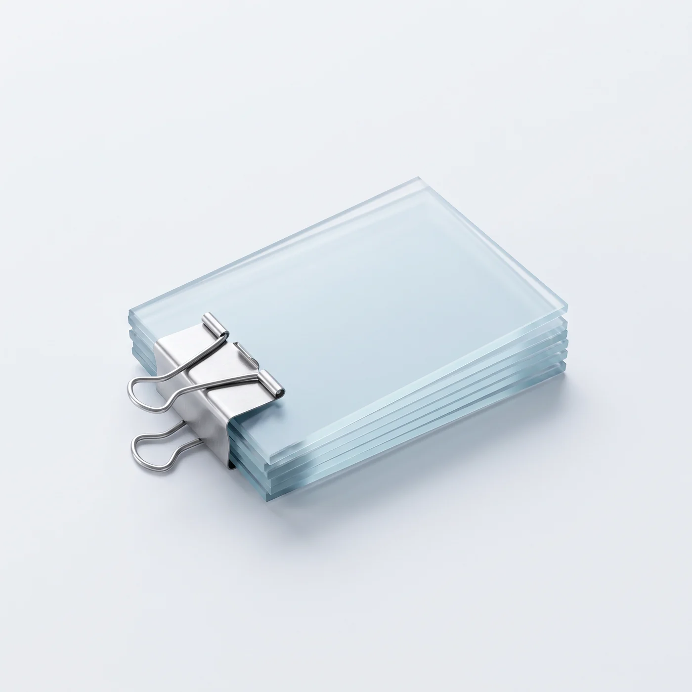 Stack of frosted glass sheets held together by a steel binder clip, representing bookkeeping