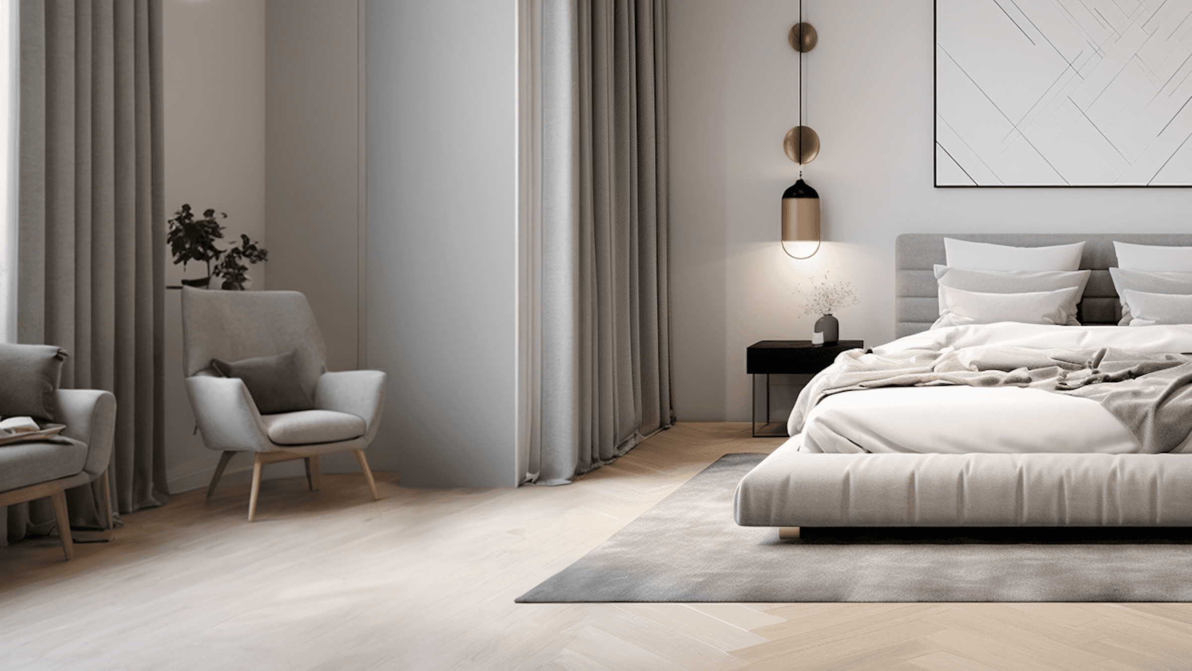 Modern bedroom featuring a large bed, minimalist decor, and a cozy chair near a window. Soft neutral tones dominate.
