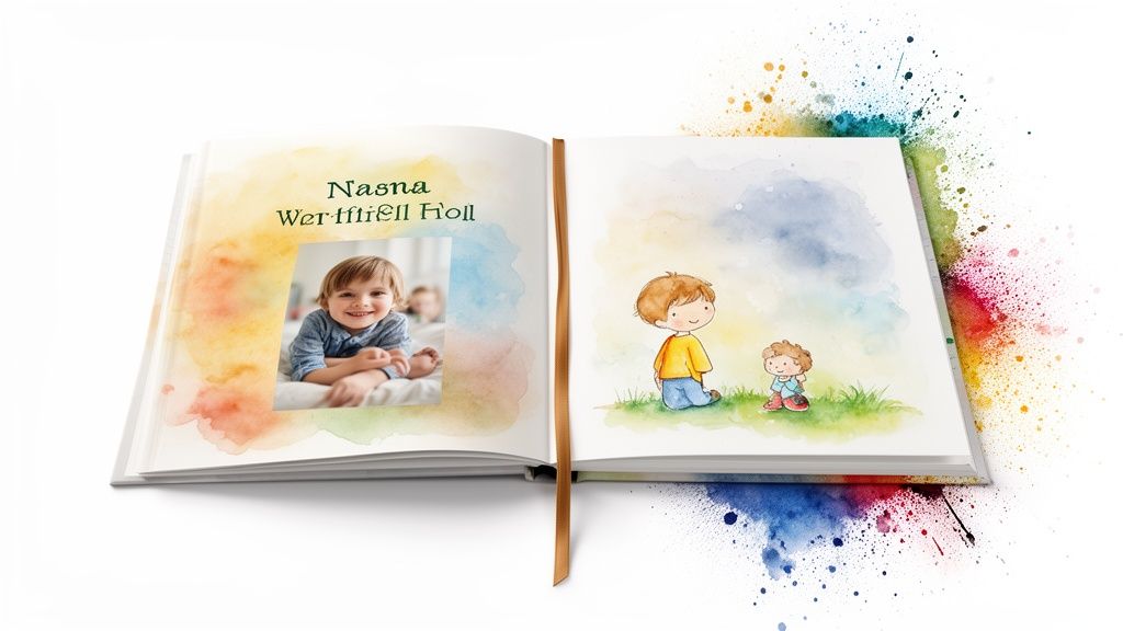 Open children's book featuring a smiling boy's photo and watercolor illustrations of two kids.
