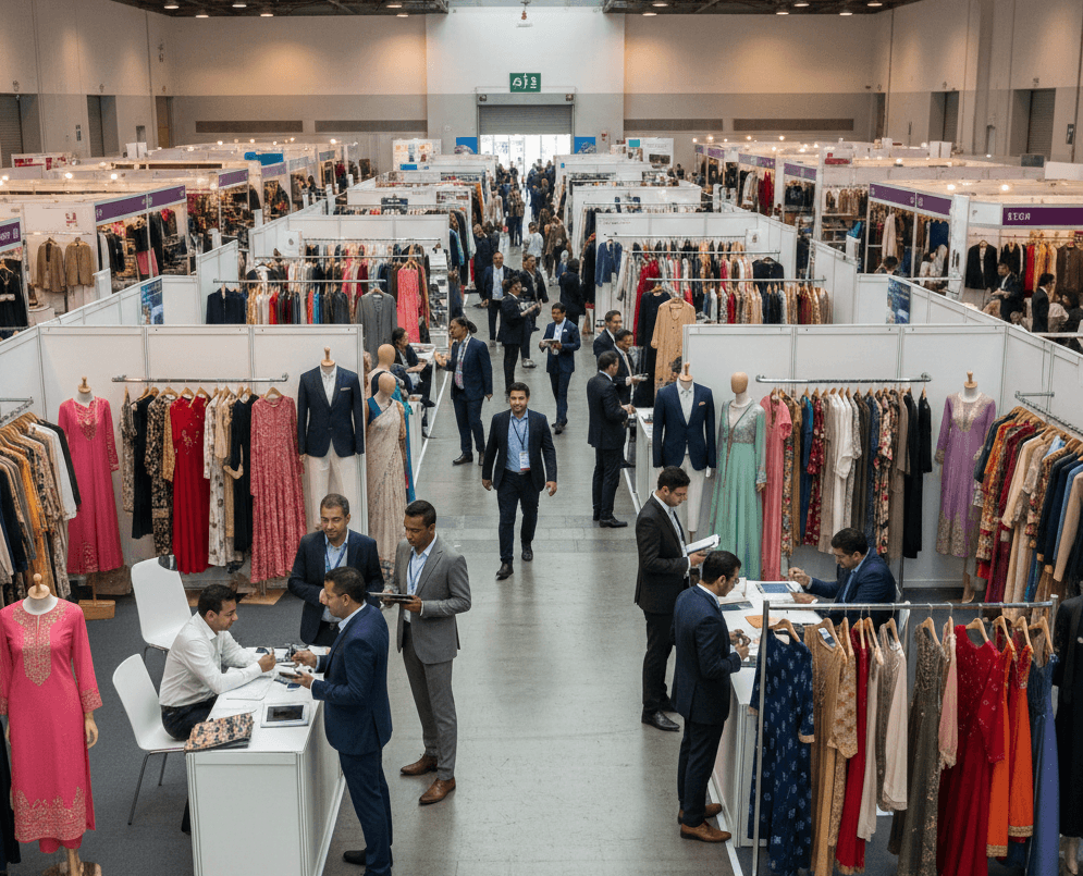 Indian garment exporters showcasing Autumn Winter apparel collections at IIGF 2026 in New Delhi, highlighting womenswear, menswear, and knitwear sourcing opportunities at a major B2B fashion trade show.