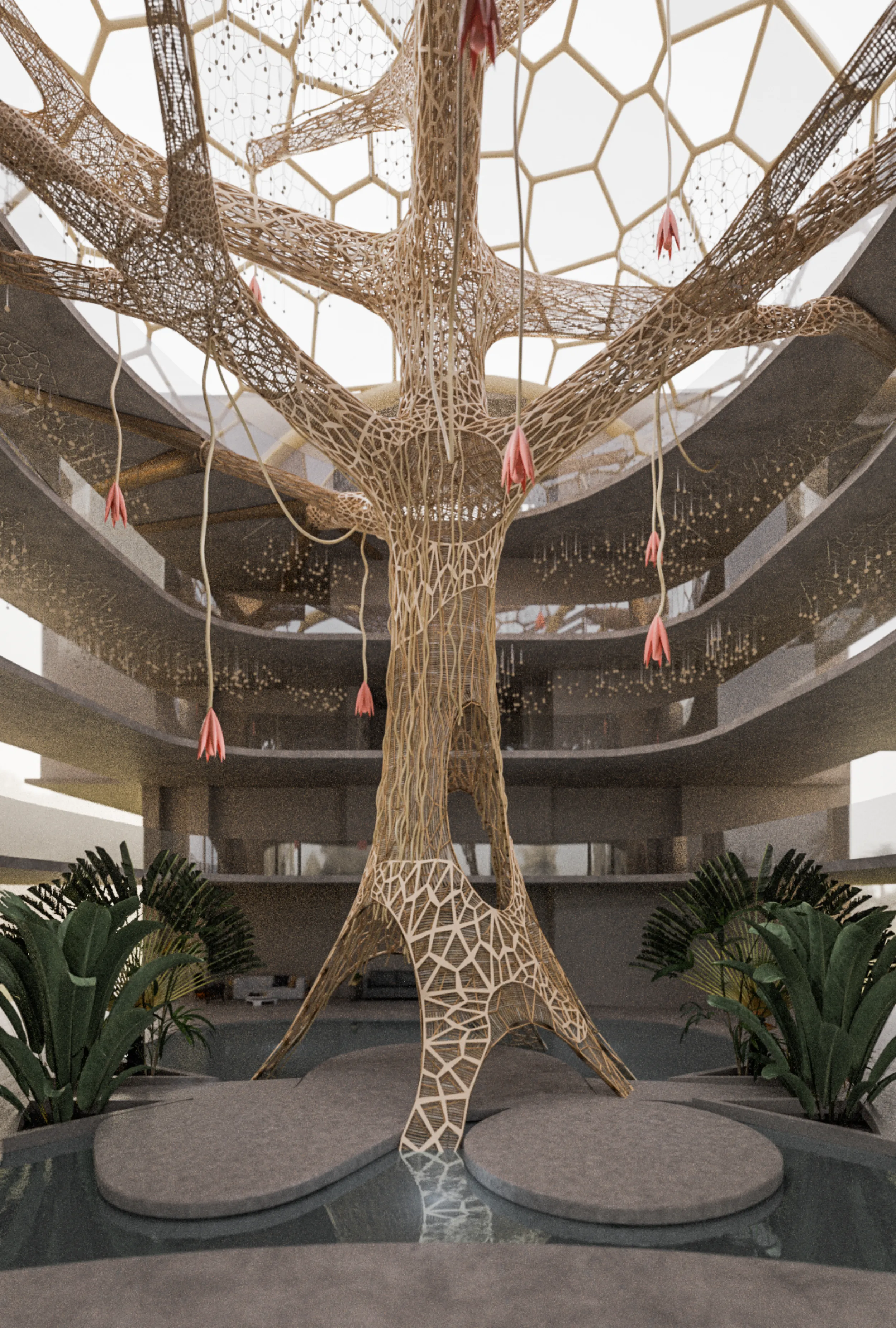 Vertical architectural rendering of the majestic bamboo Ceiba tree structure with tension cables acting as the centerpiece of the hotel.