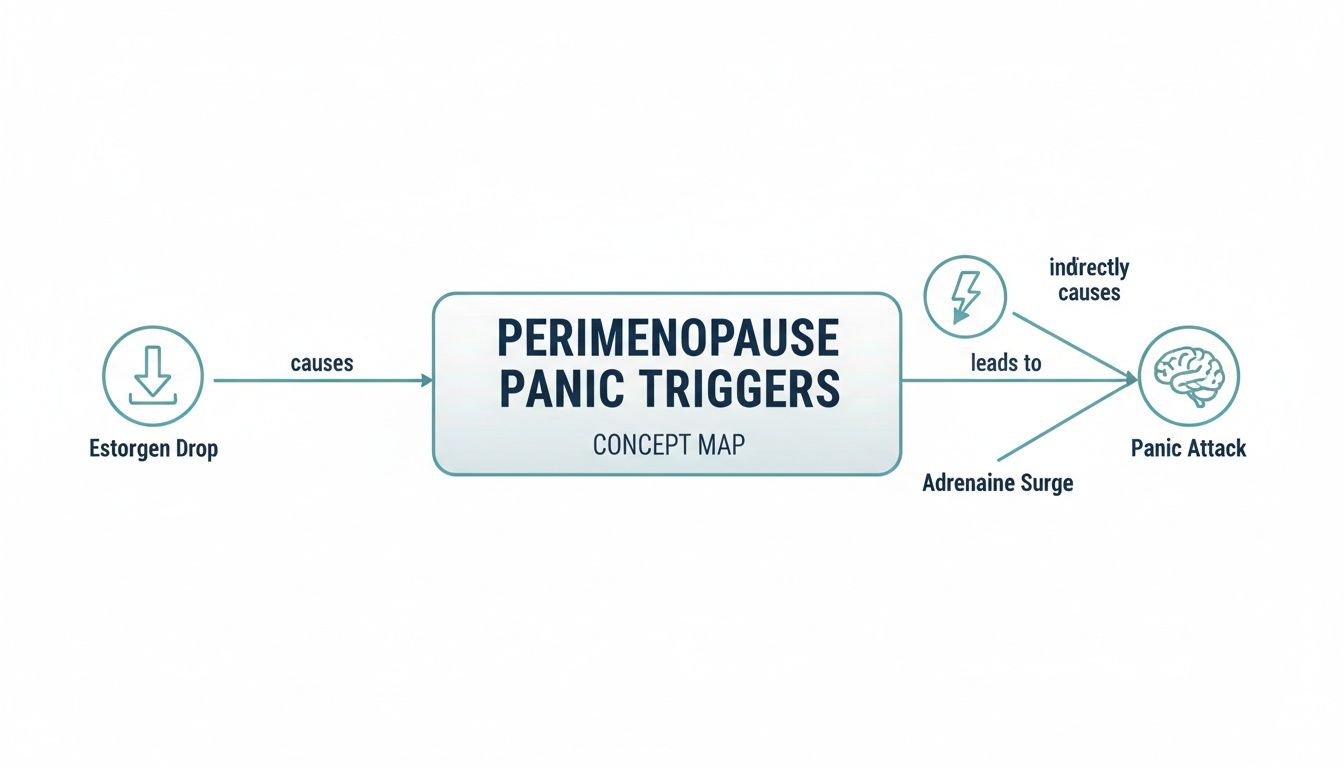 Concept map illustrating perimenopause panic triggers, showing estrogen drop leading to adrenaline surge and panic attacks.