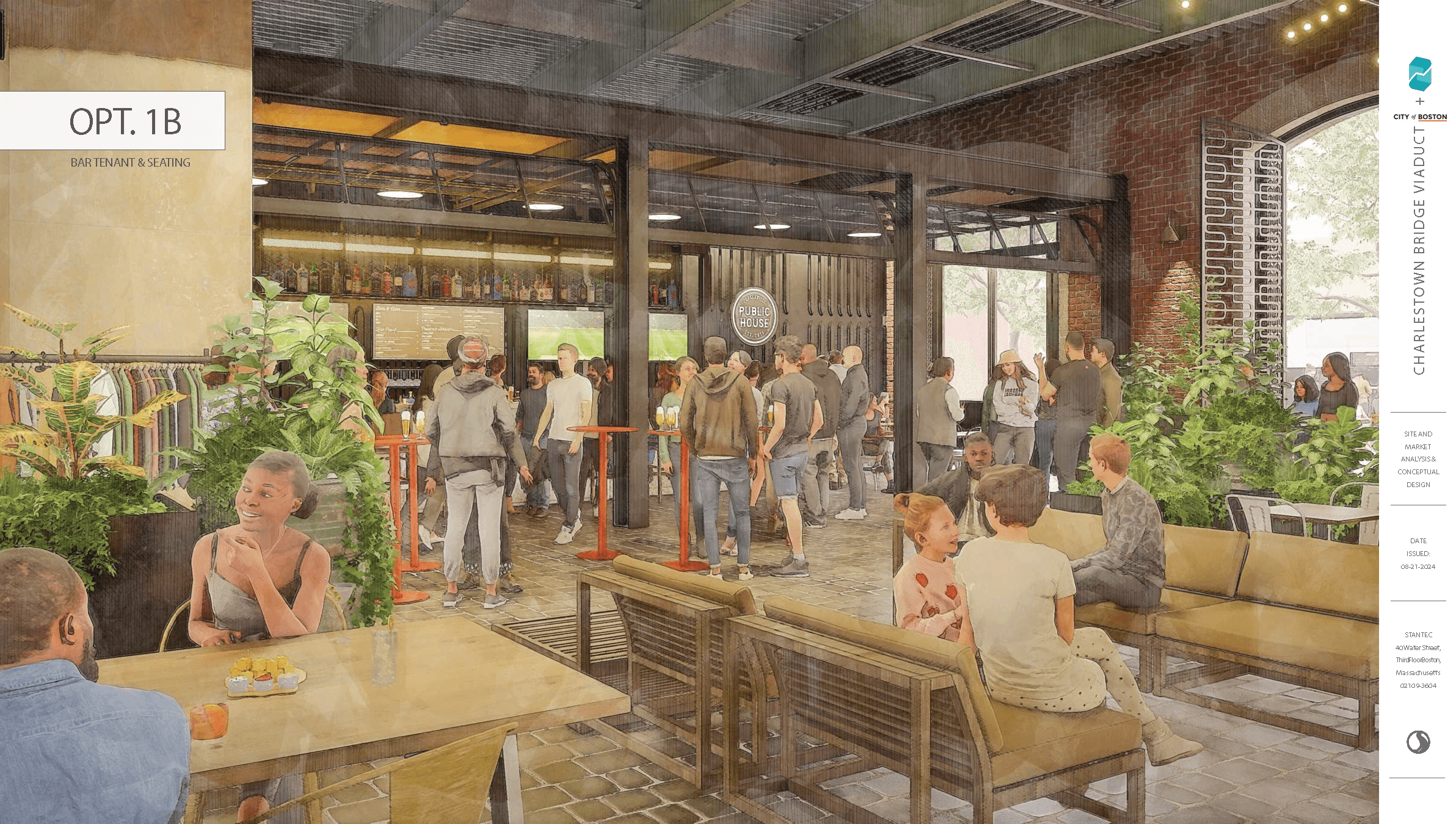 Charlestown Marketplace concept rendering of bar seating, retail, and a public gathering area