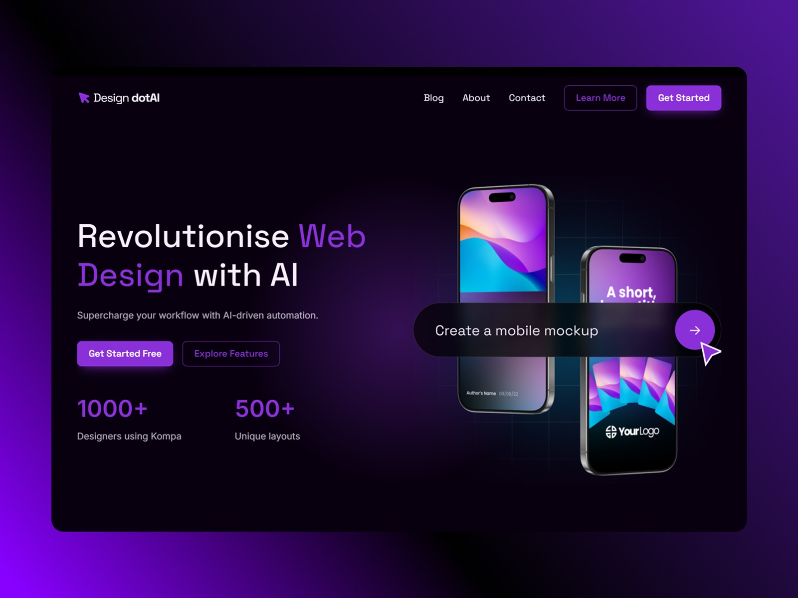 A sleek, modern web design template preview for "Design dotAI," featuring a dark purple and black theme. The hero section includes a bold heading, "Revolutionise Web Design with AI," with a tagline that reads, "Supercharge your workflow with AI-driven automation." Two call-to-action buttons, "Get Started Free" and "Explore Features," are prominently displayed. On the right, there are mockups of two smartphones showcasing a vibrant, gradient-based UI design. The navigation bar at the top features links to "Blog," "About," "Contact," and two buttons, "Learn More" and "Get Started," with a glowing hover effect. The design exudes a futuristic and professional aesthetic suitable for AI SaaS platforms.