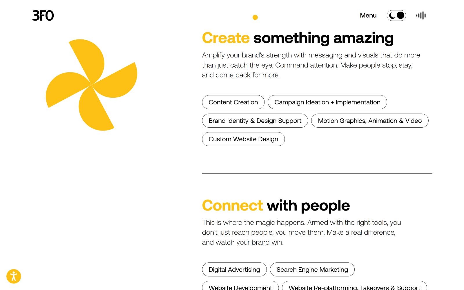 Yellow pinwheel design next to “Create something amazing” in bold. Buttons with services listed below.
