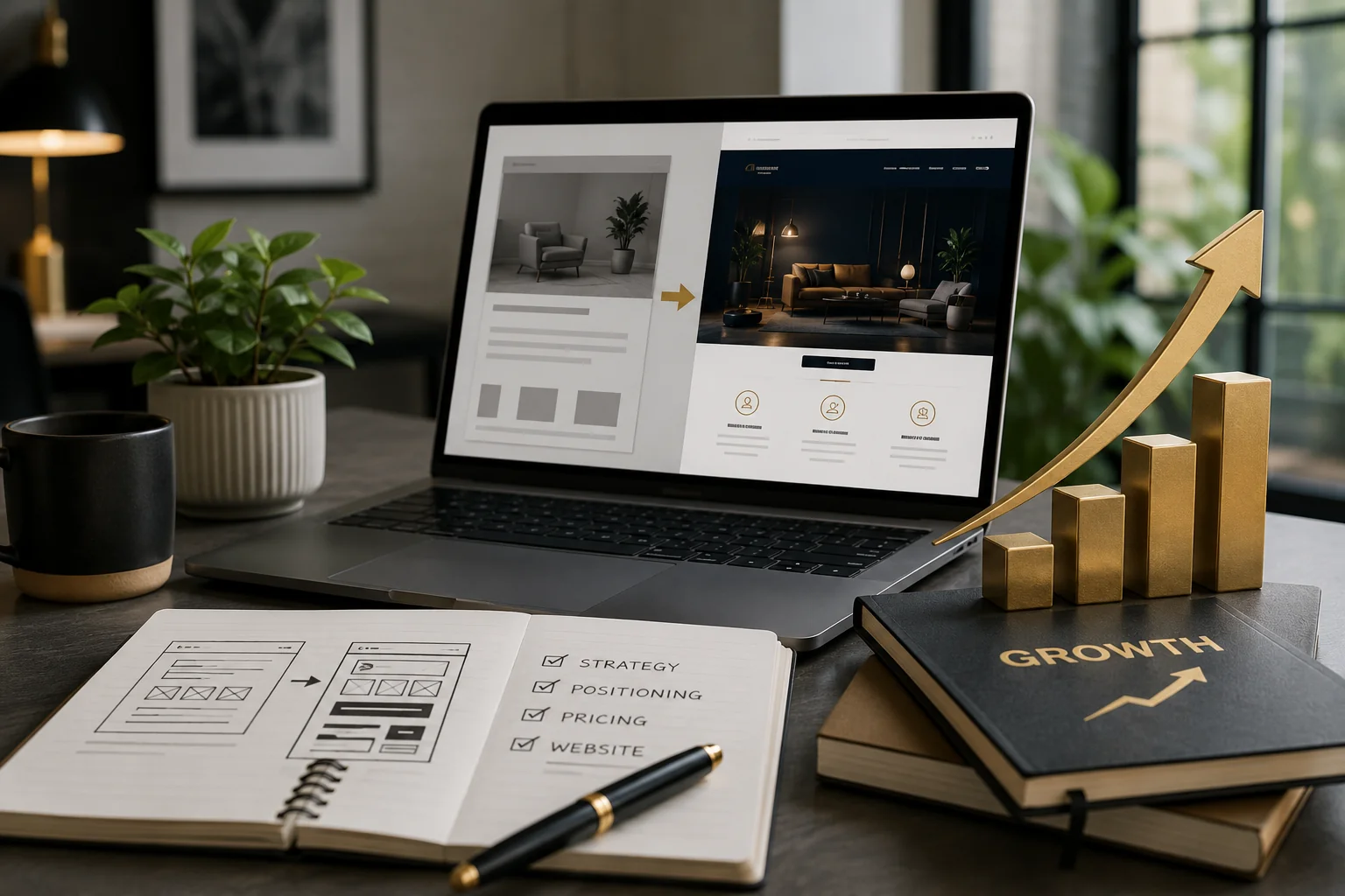 A laptop showing a website being upgraded from a plain layout to a polished premium design, beside a notebook listing strategy, positioning, pricing, and website, with a rising gold bar chart and a book labeled Growth.