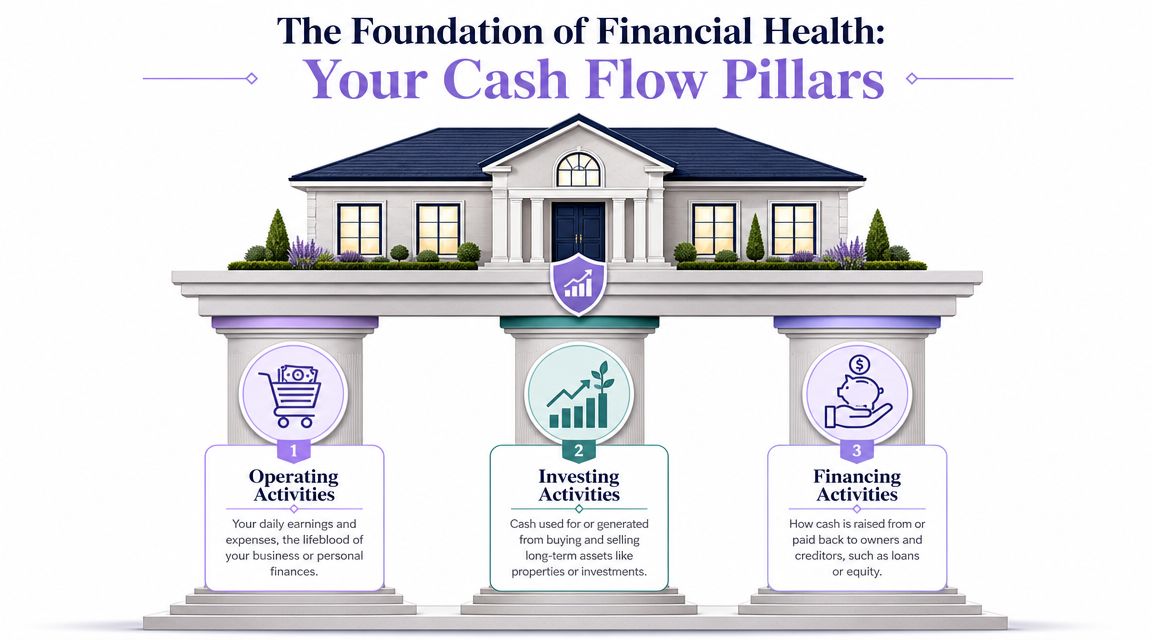 A diagram illustrating the three pillars of financial health: operating, investing, and financing cash flow activities.