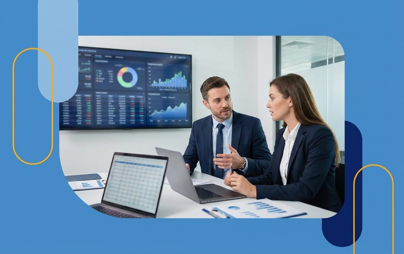 Two business professionals discussing data on a laptop, representing a hybrid Amazon strategy to boost profitability using both 1P and 3P models.