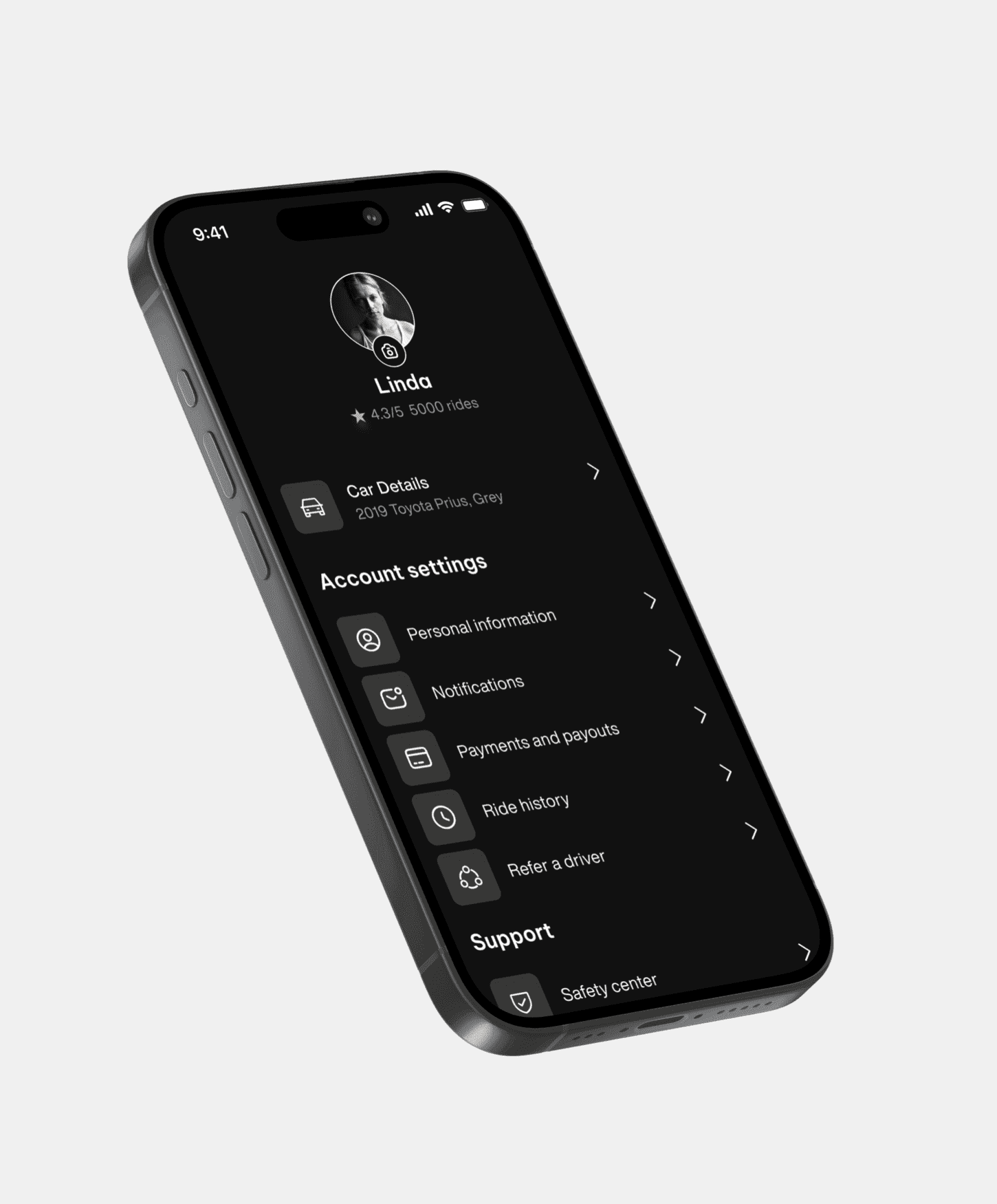 Cabby App UI Design - Profile Page Dark Mode