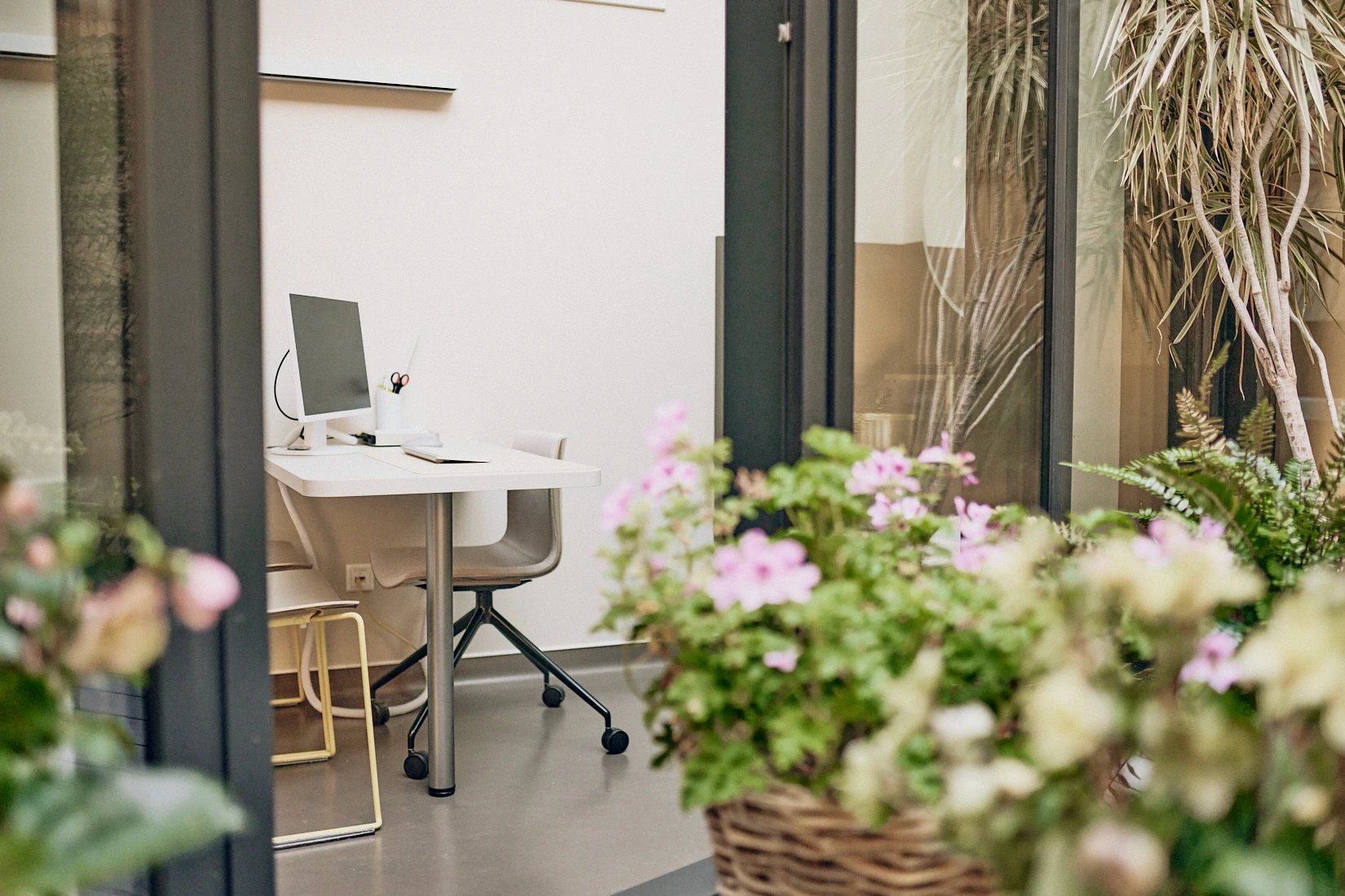 Blick von der Dachterrasse in den hellen Praxisraum der Frauernarztpraxis Dr. med. Angela Lauten