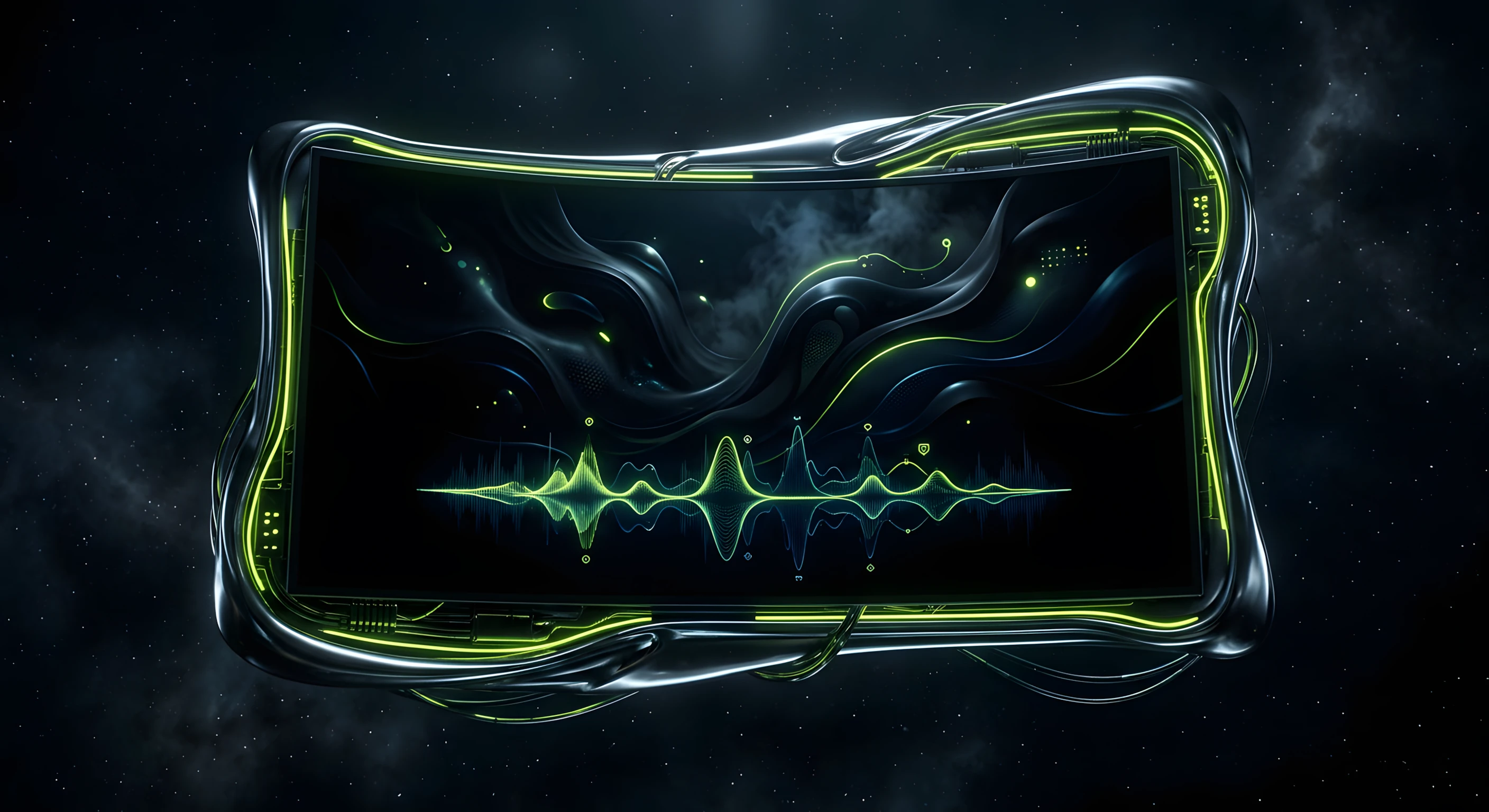 Dark premium sonic branding agency website — professional audio showcase interface with waveform player on void black screen