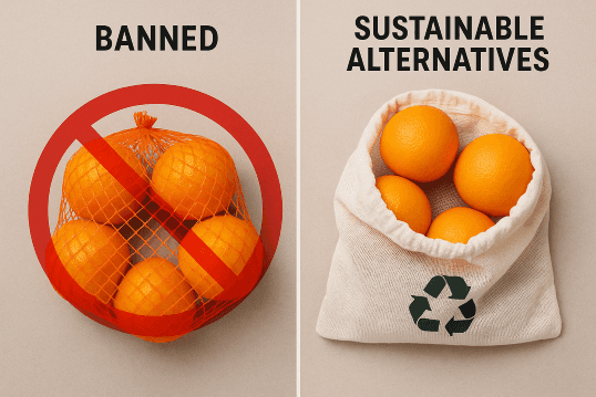 Visual comparison depicting banned vs. sustainable packaging for fruits. On the left, a red circle with a slash over oranges in a plastic mesh bag (BANNED). An arrow points right to oranges in a reusable, eco-friendly cloth produce bag (SUSTAINABLE ALTERNATIVES).