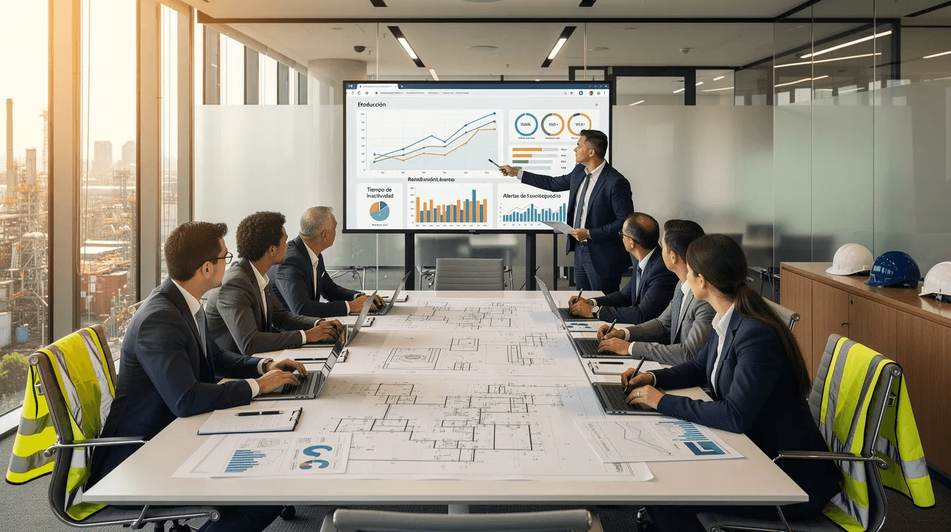 Un equipo industrial está revisando datos en una sala de juntas, utilizando tecnología moderna para analizar información clave sobre sus procesos y estrategias de negocio. La reunión se centra en la transformación digital y el impacto de sus acciones en el mercado y los clientes.