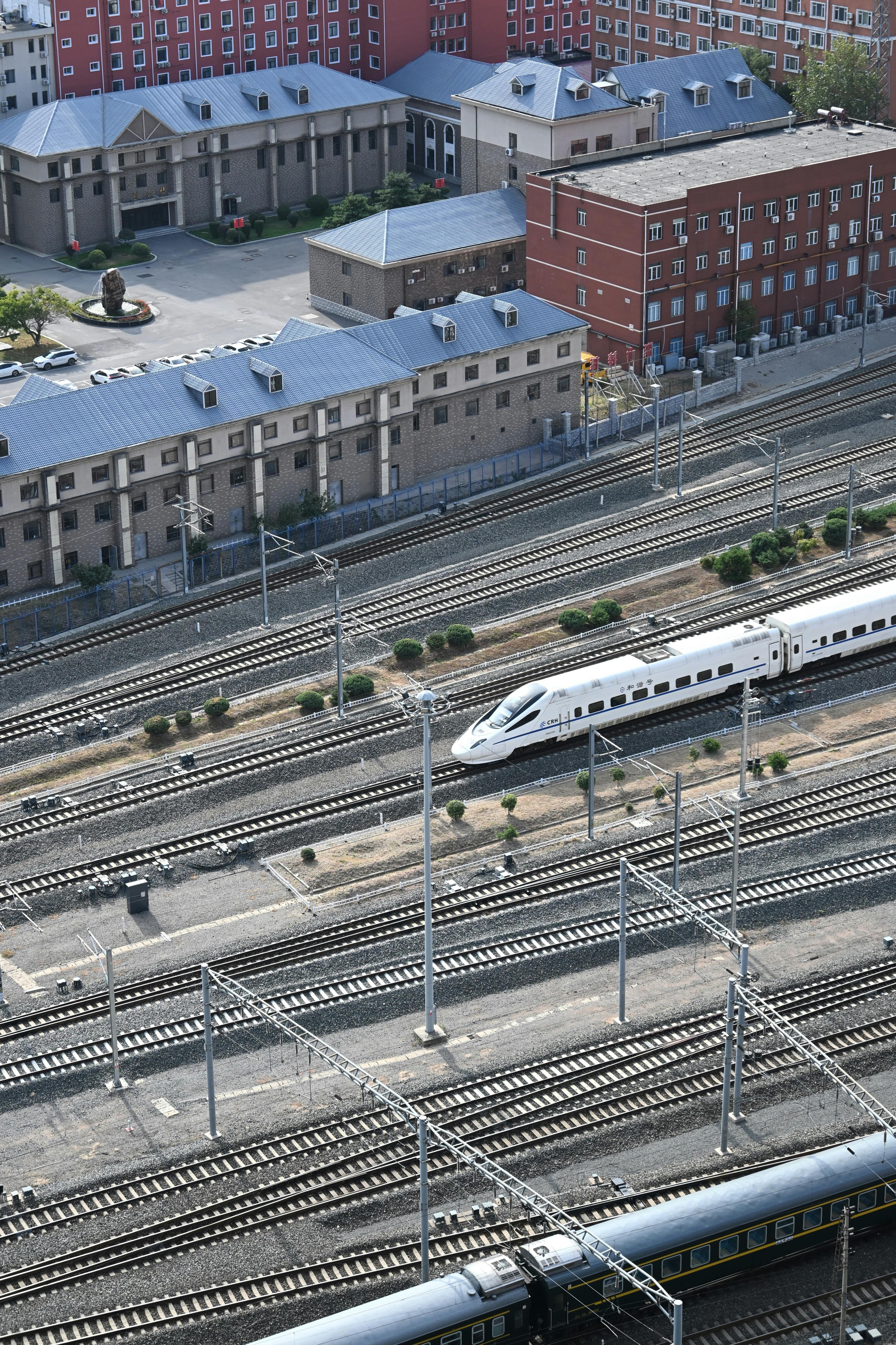 CRH bullet train on tracks, overhead view
