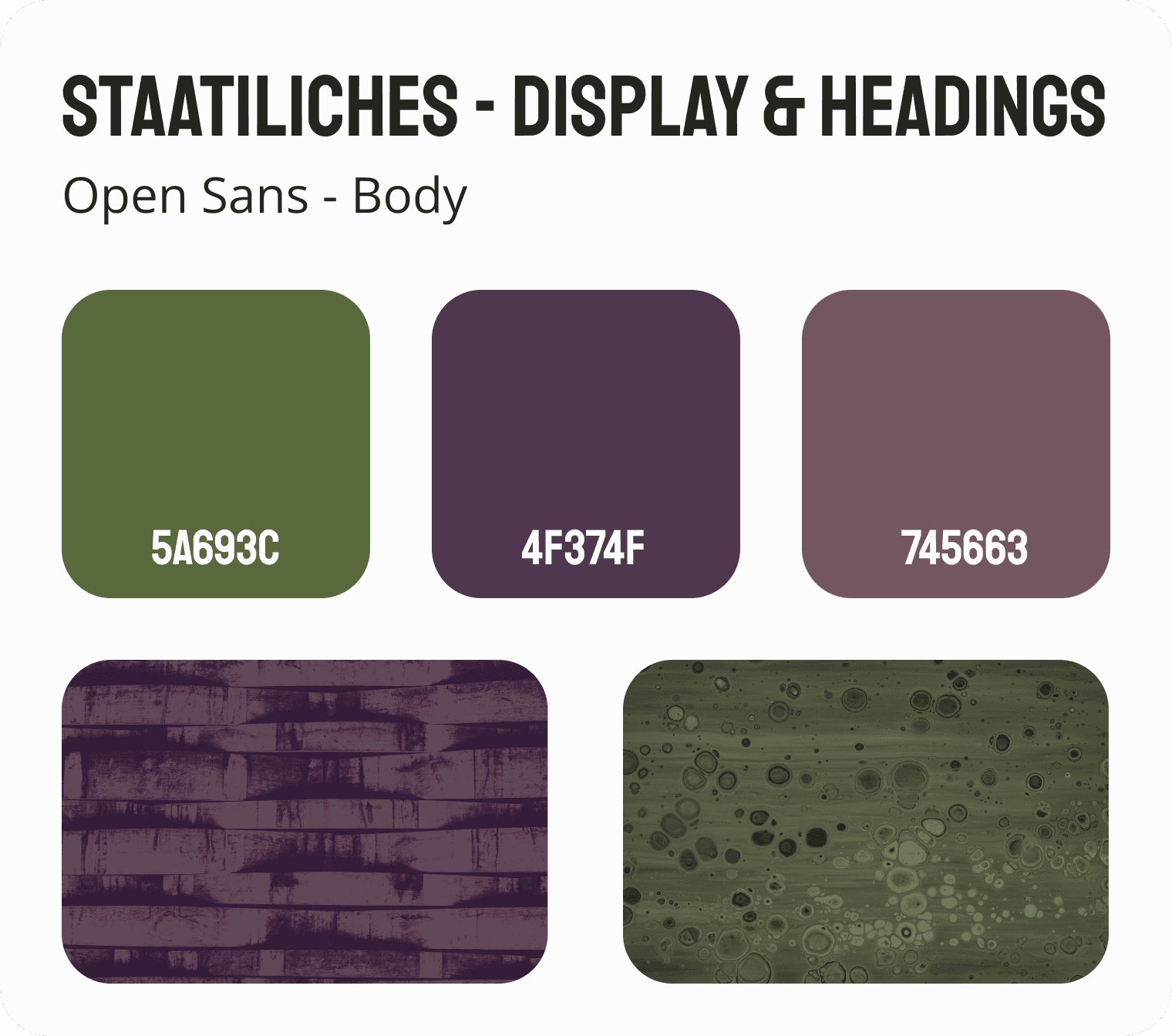 Three swatches in olive green, deep purple, and plum with texture previews and typefaces Staatliches and Open Sans.