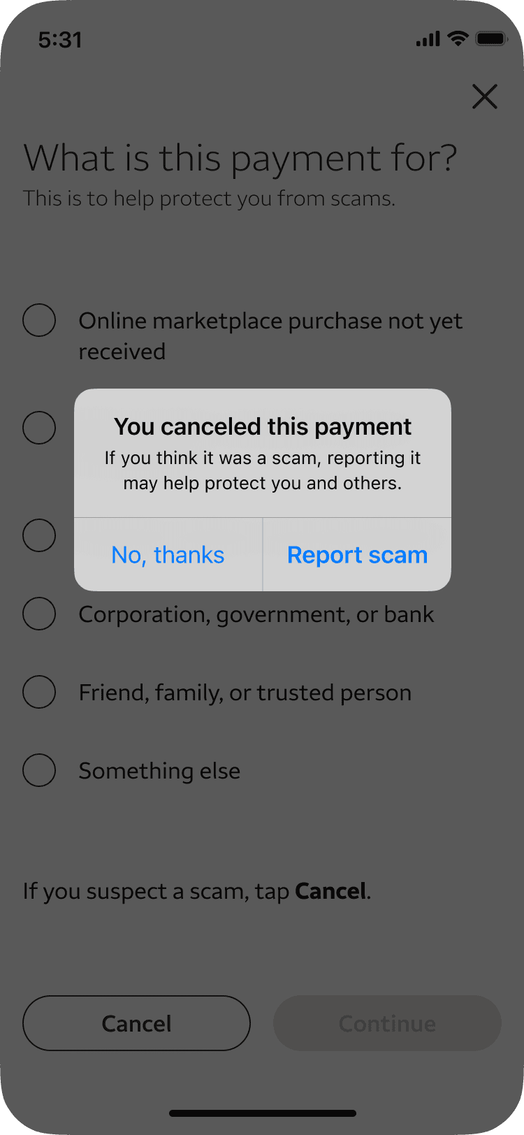 Report overlay after canceling a payment