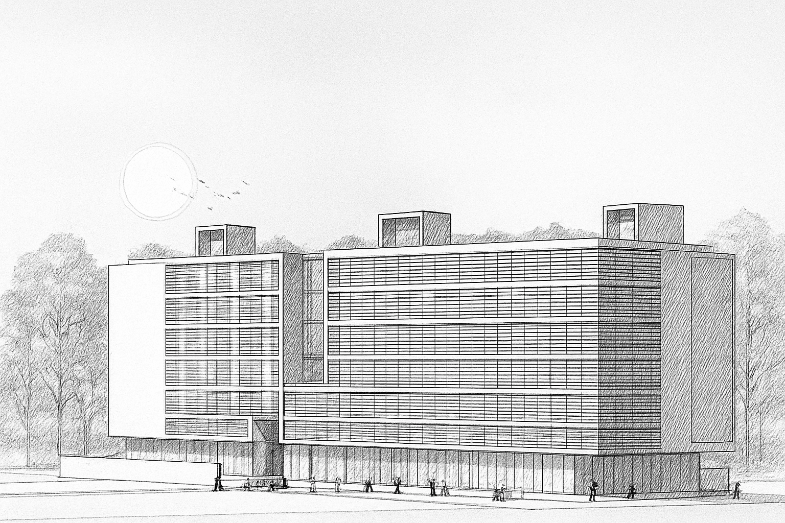 Contemporary commercial building sketch with horizontal massing, continuous ribbon windows with linear shading devices.