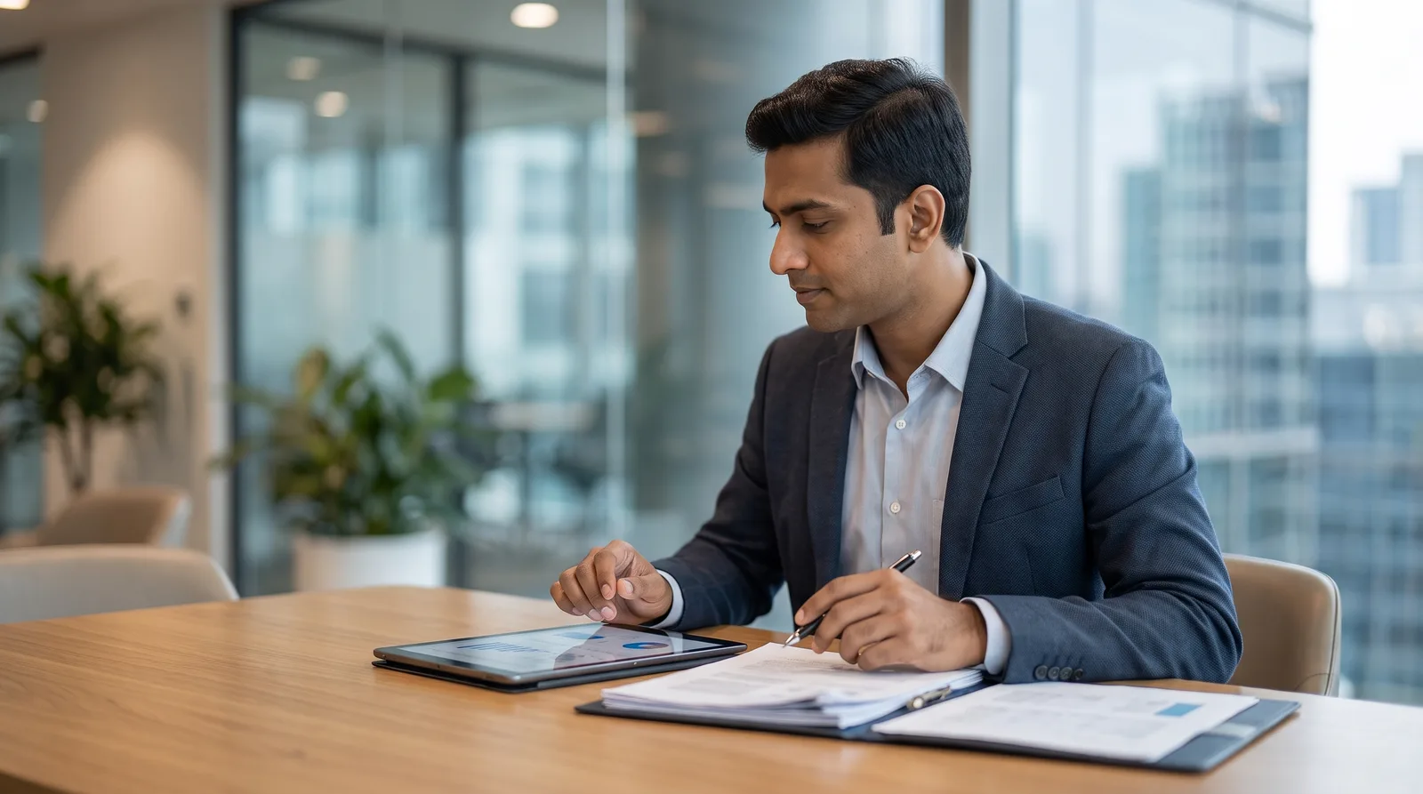 Indian founder planning a Dubai company setup at a modern desk with the skyline behind
